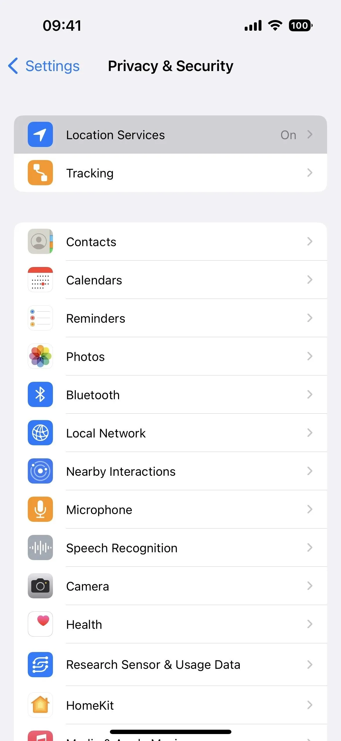 Privacy and Security settings on a smartphone screen.