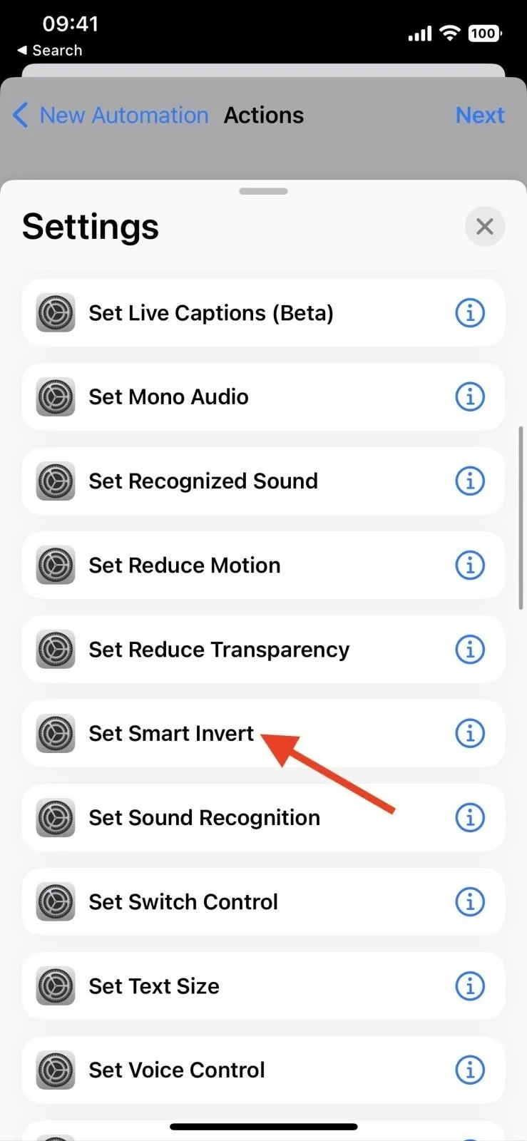 Settings menu displaying various options for features on a mobile device.