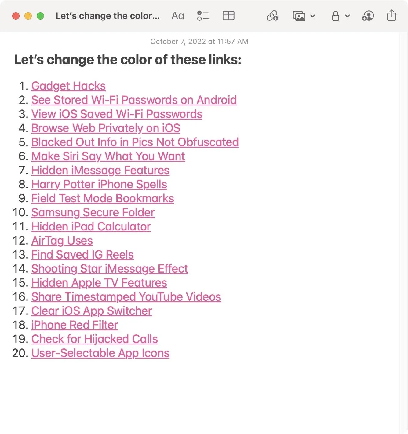 List of tasks for changing link colors.