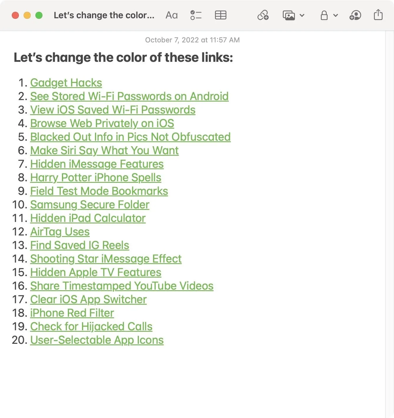 Text list of links with instructions to change their color.