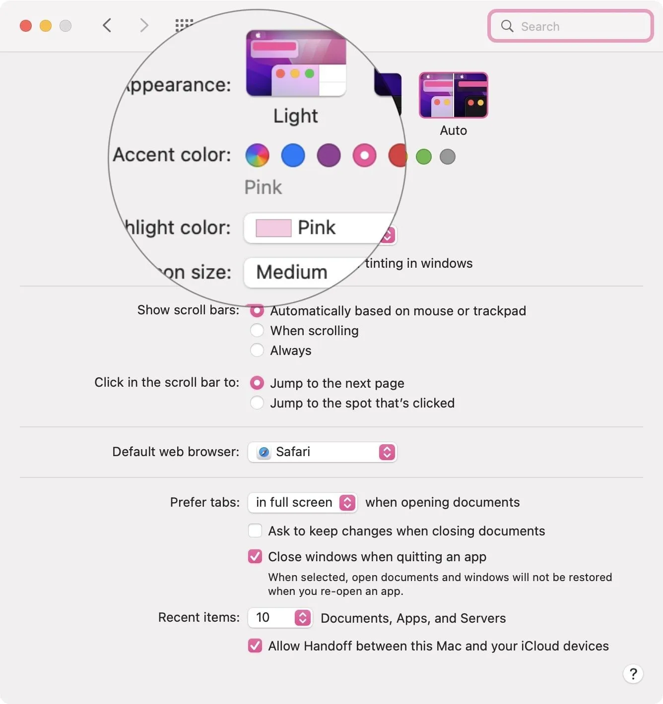 Settings menu displaying appearance options for accent color, highlight color, and text size.