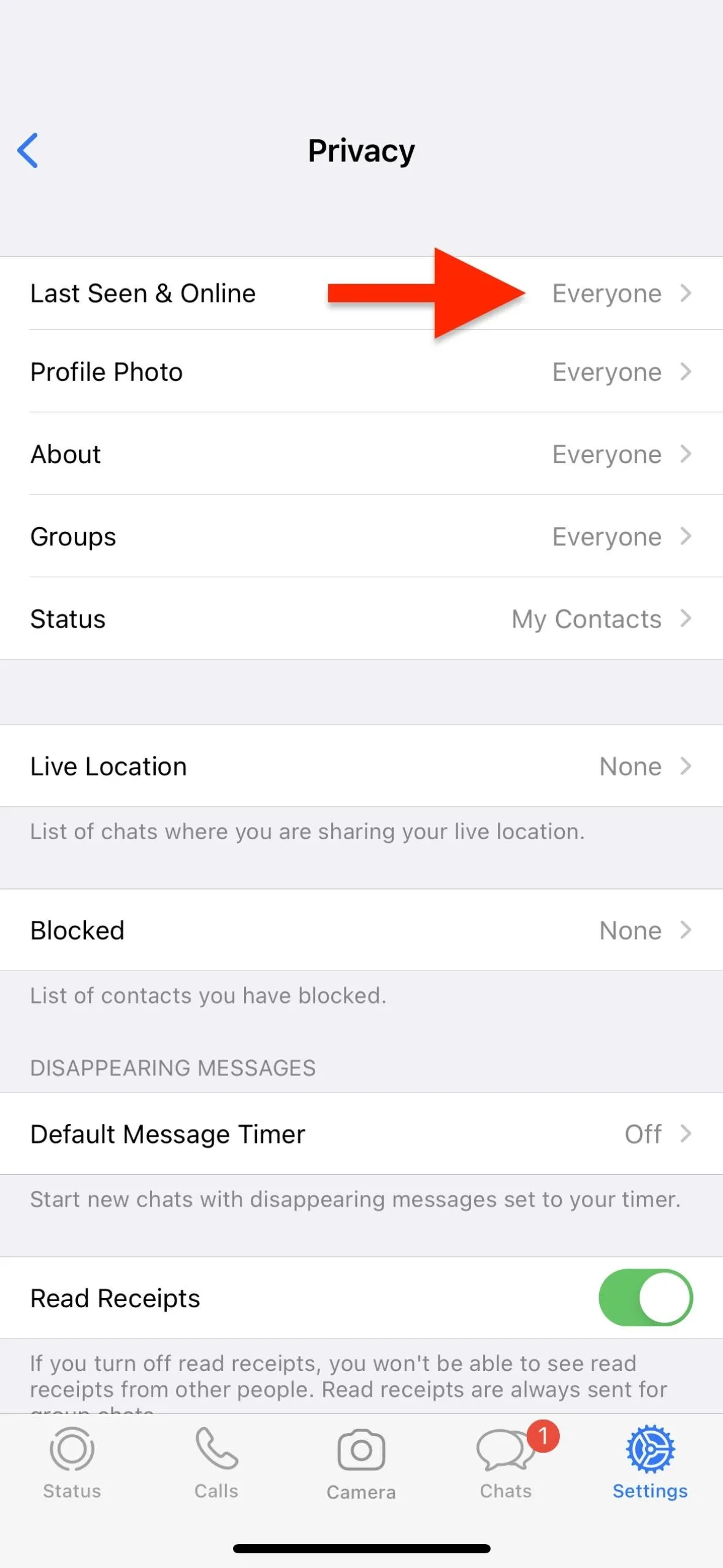 Settings menu displaying 'Last Backup Status' with an arrow indicating a button.