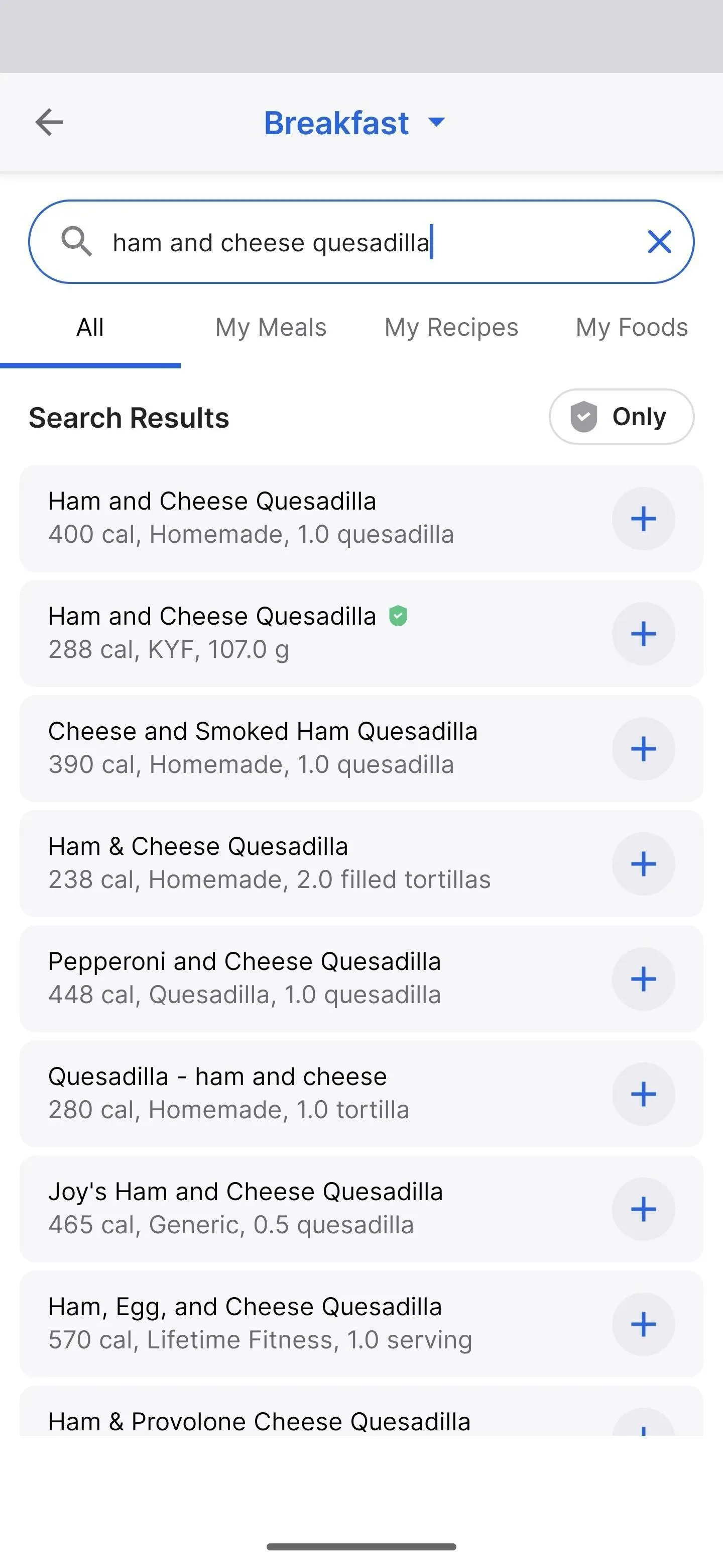 Search results for breakfast options on a mobile app.