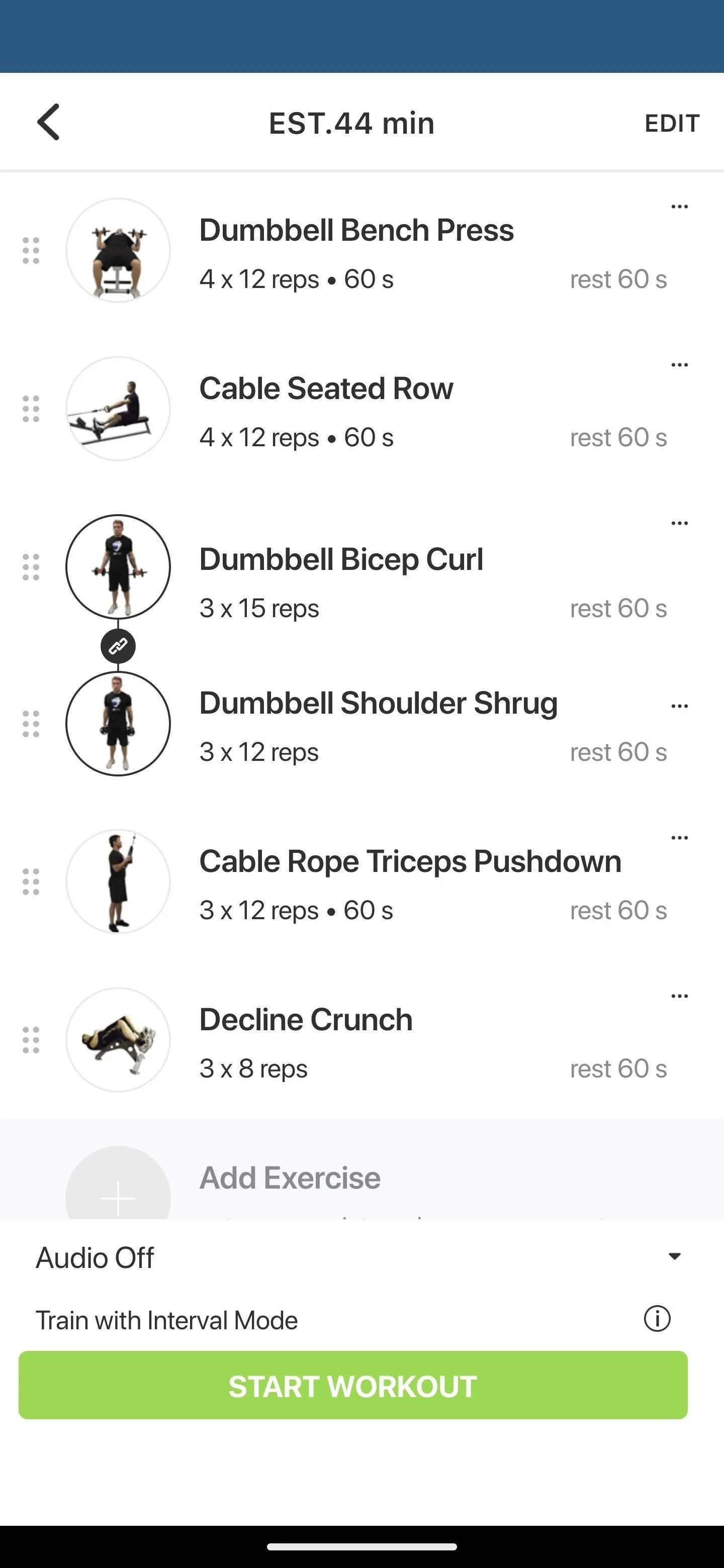 List of fitness equipment and exercises with quantities.