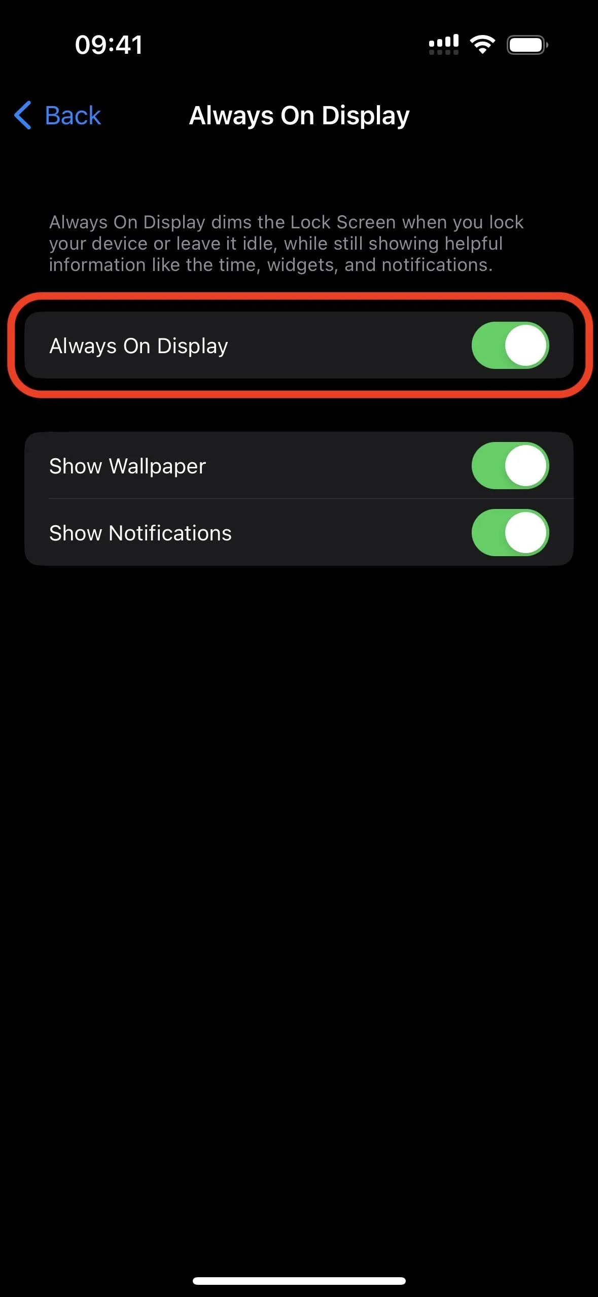 Always On Display settings on a mobile device.