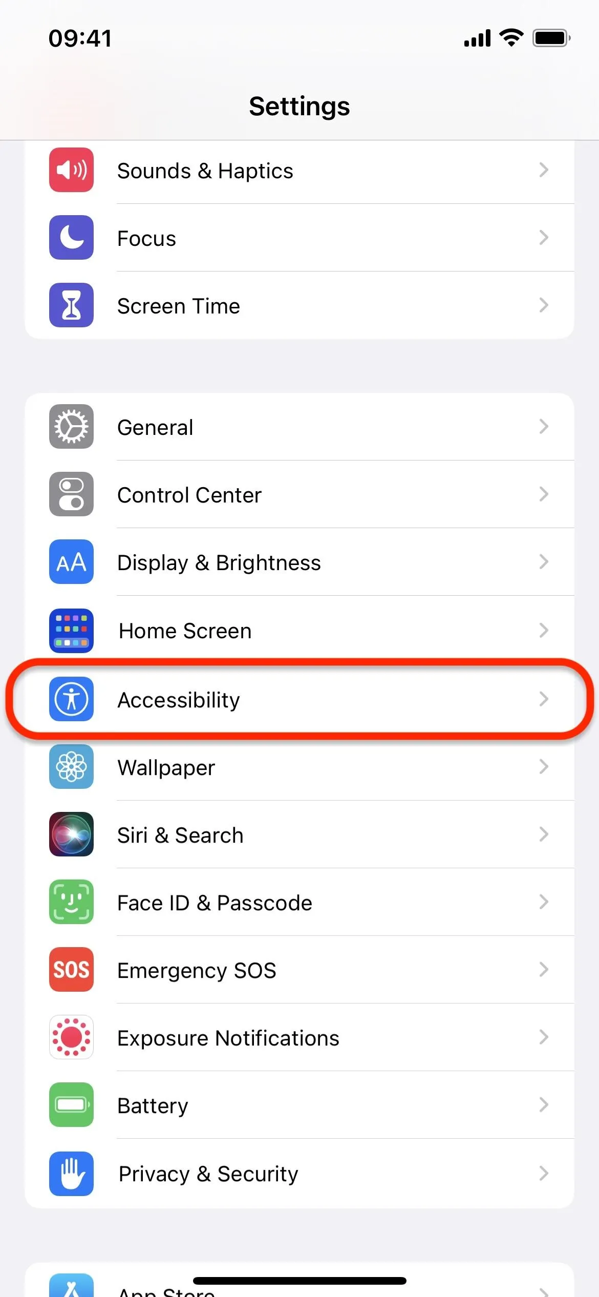 Settings menu on a mobile device with Accessibility option highlighted.