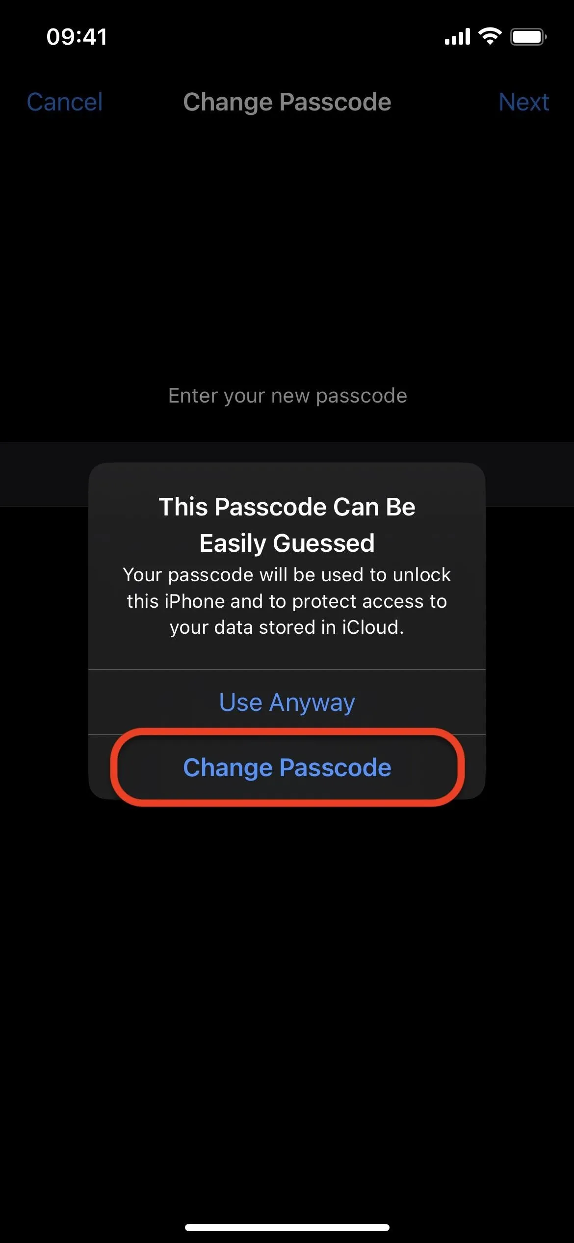 Change Password screen with instructions and button on a mobile device.