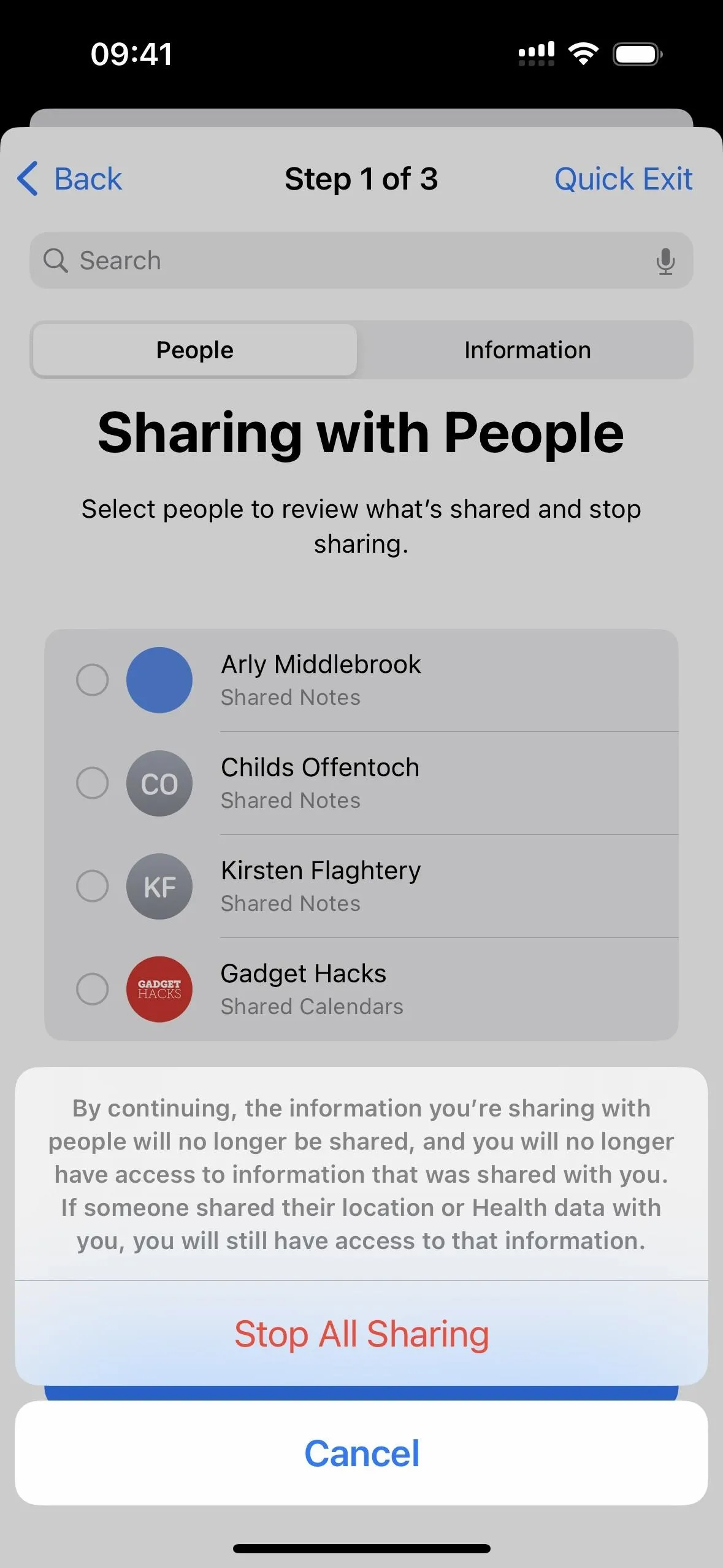 Sharing options for a presentation or document on a mobile device.