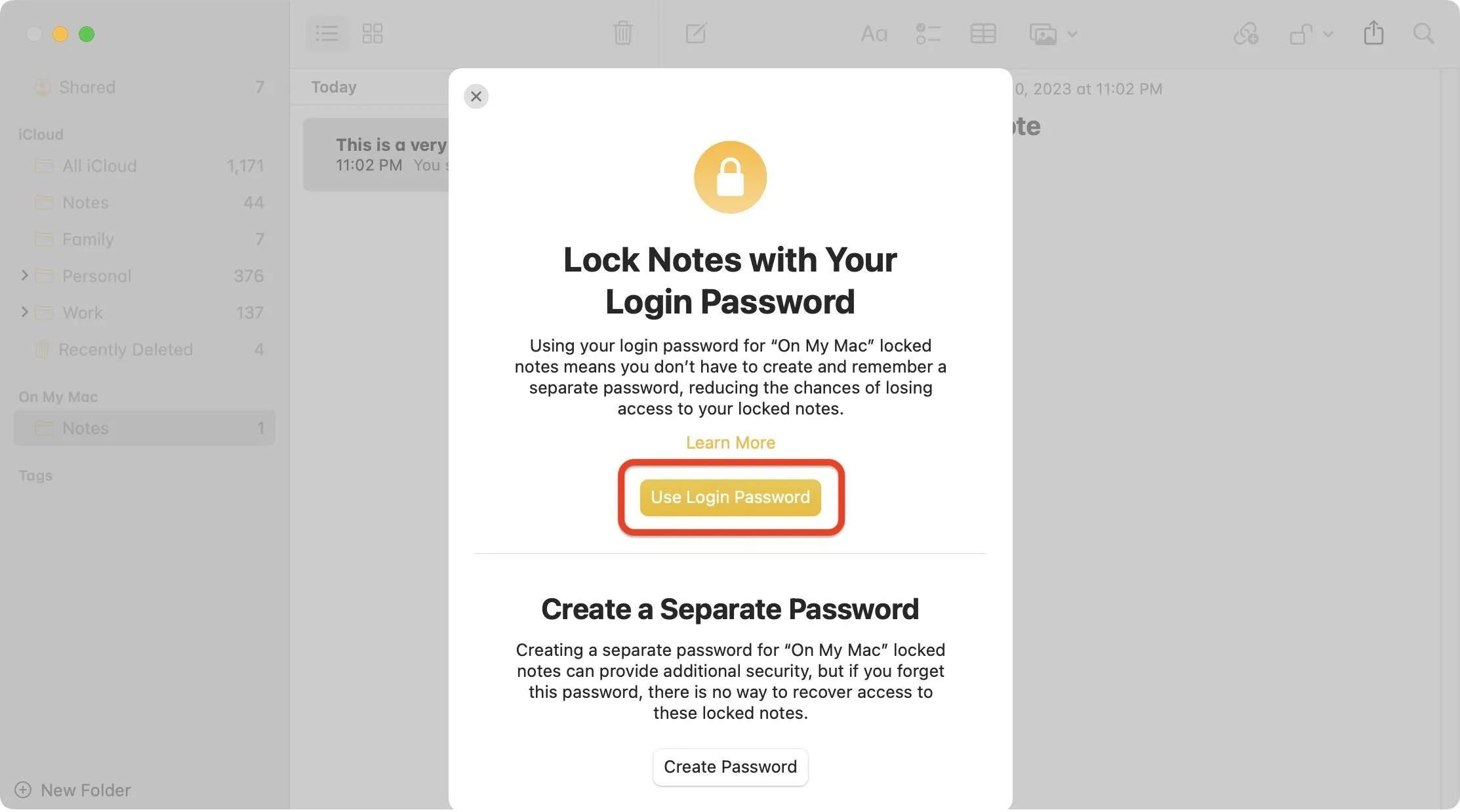 Lock notes feature with password protection option displayed on a digital interface.