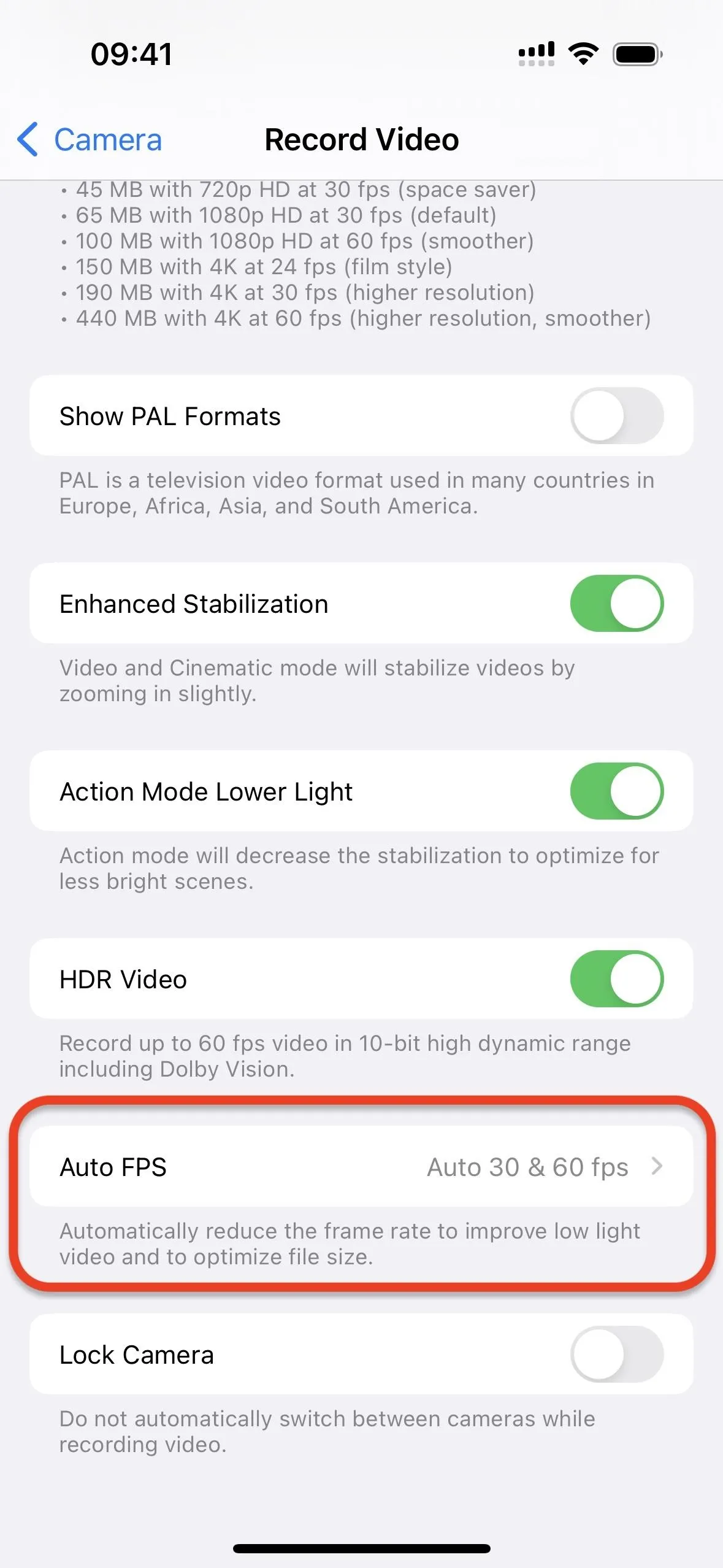 Video recording settings on a smartphone.