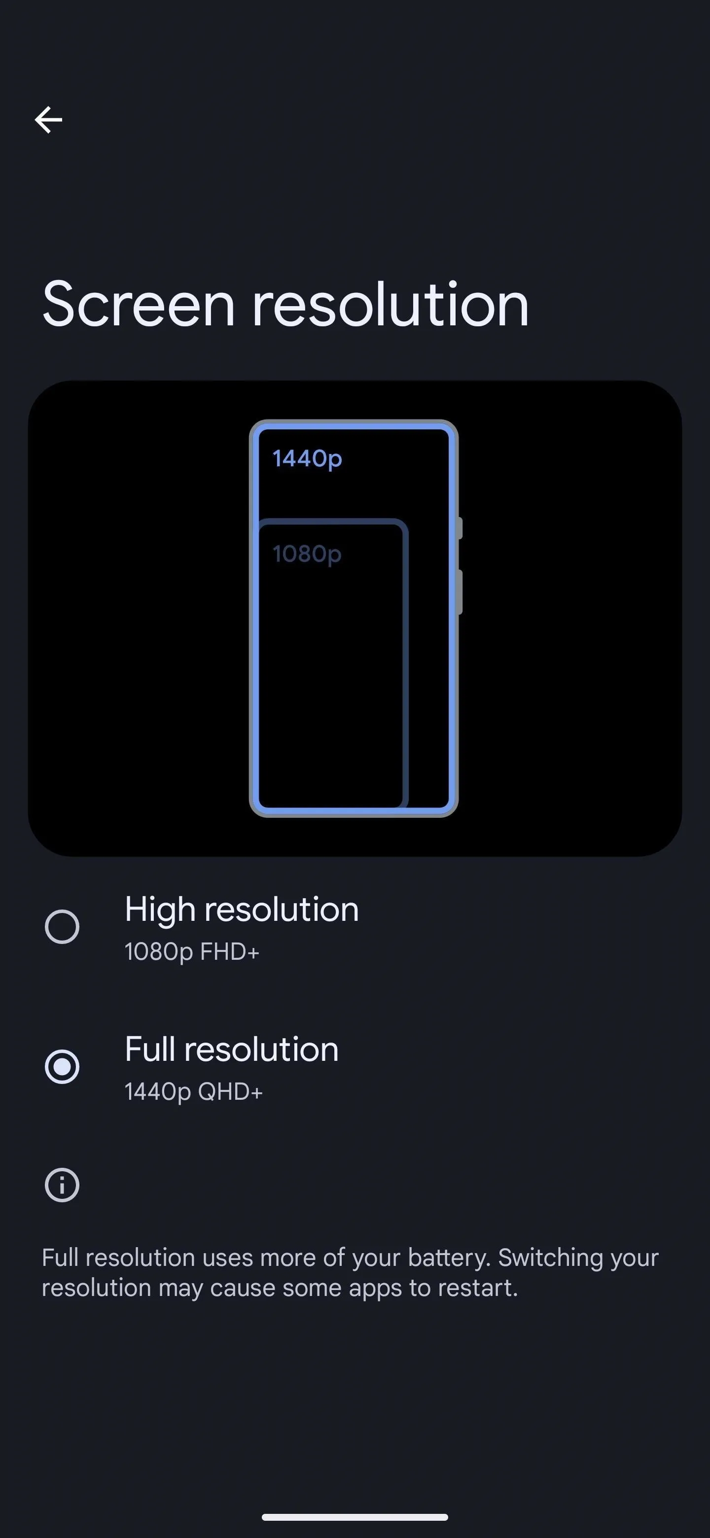 Screen resolution settings for a mobile device displaying high and low resolution options.
