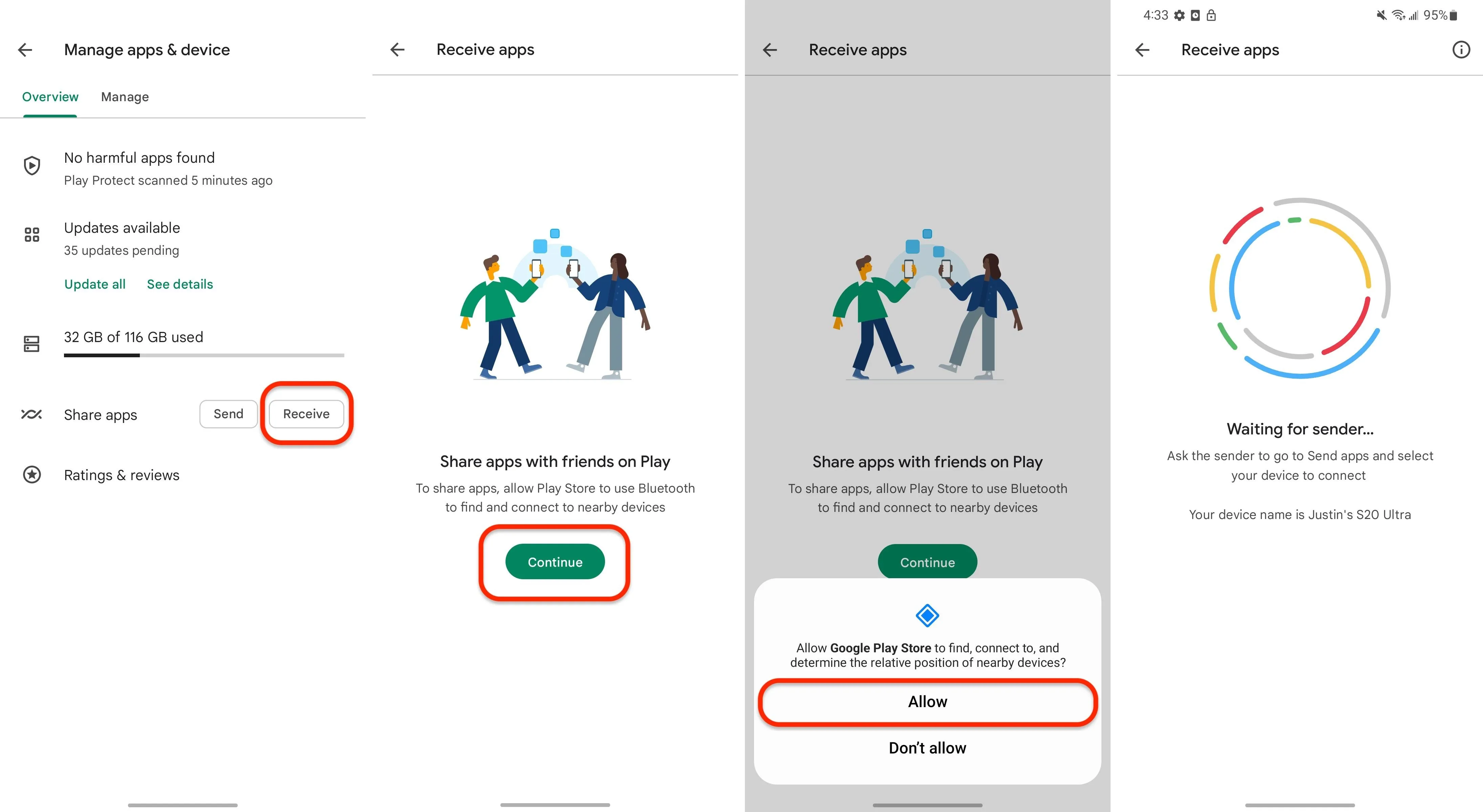 Screenshots of a messaging app setup process with options for enabling features and waiting for verification.