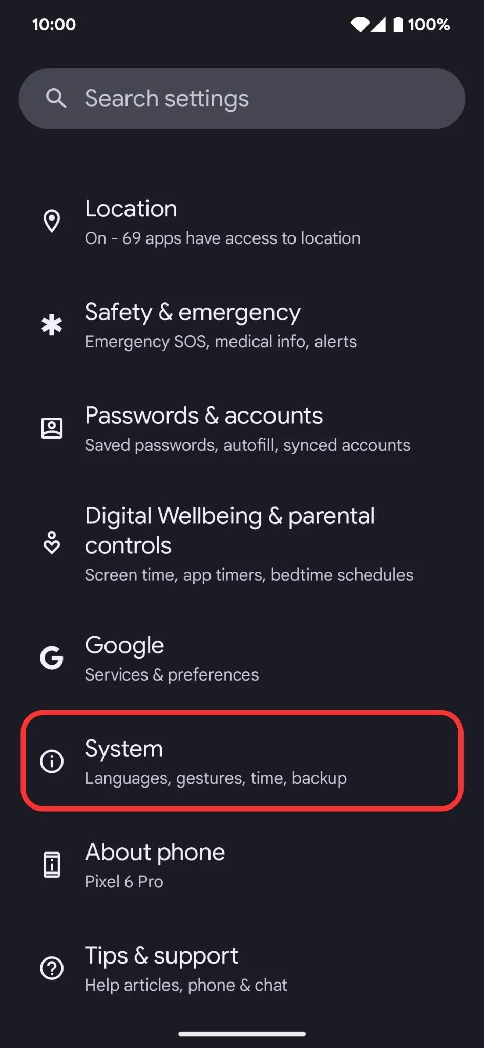 System settings menu on a mobile device.