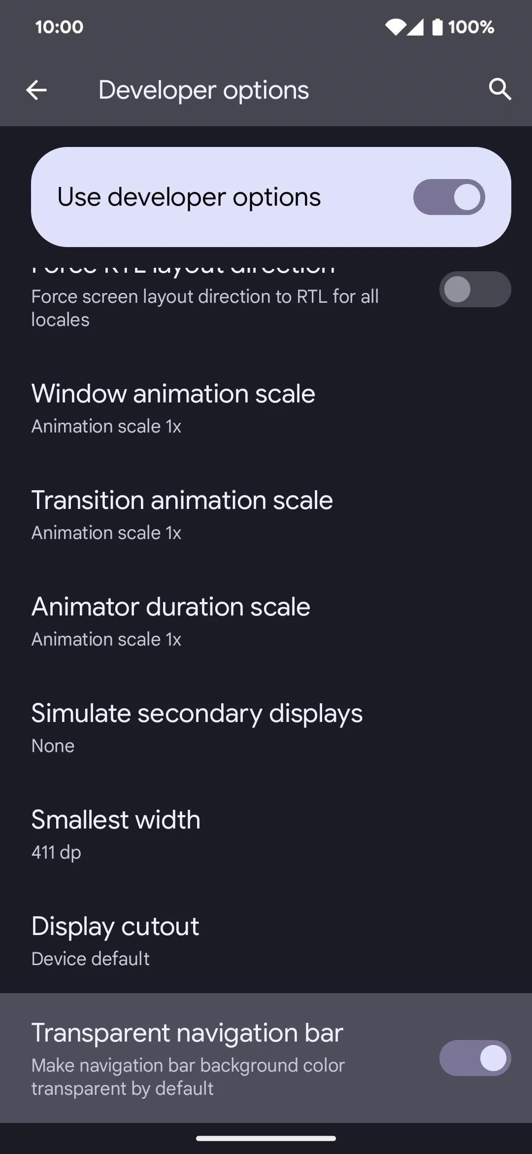 Developer options settings on a mobile device.