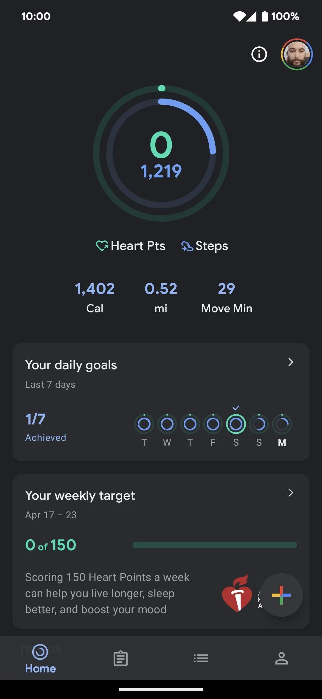 Fitness app dashboard displaying activity stats and goals.