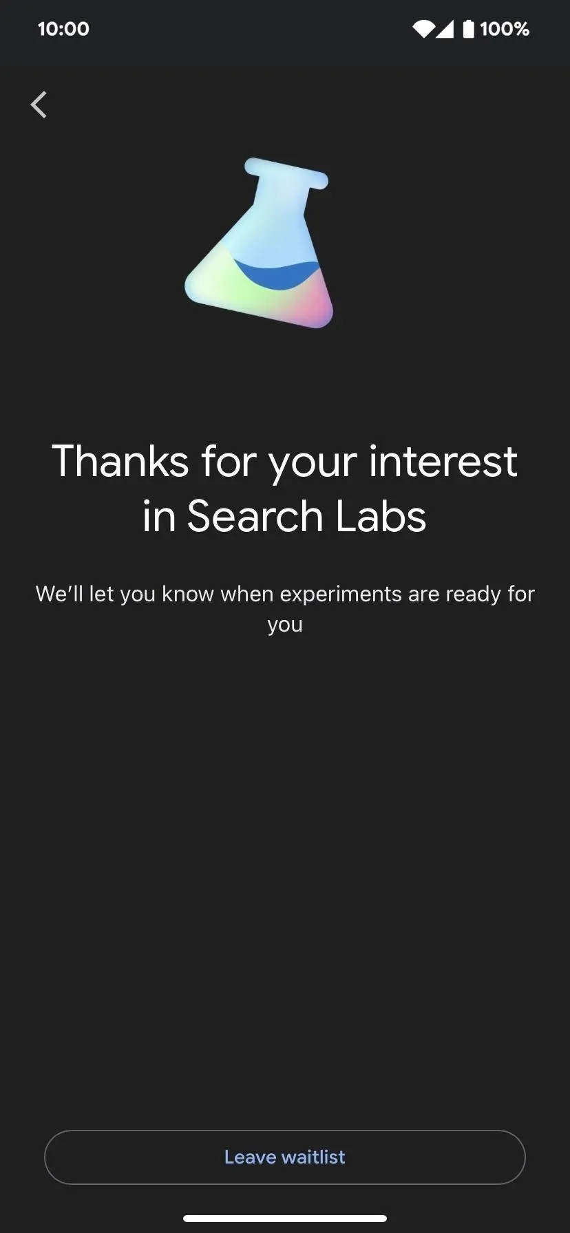 "Thank you message for interest in Search Labs"