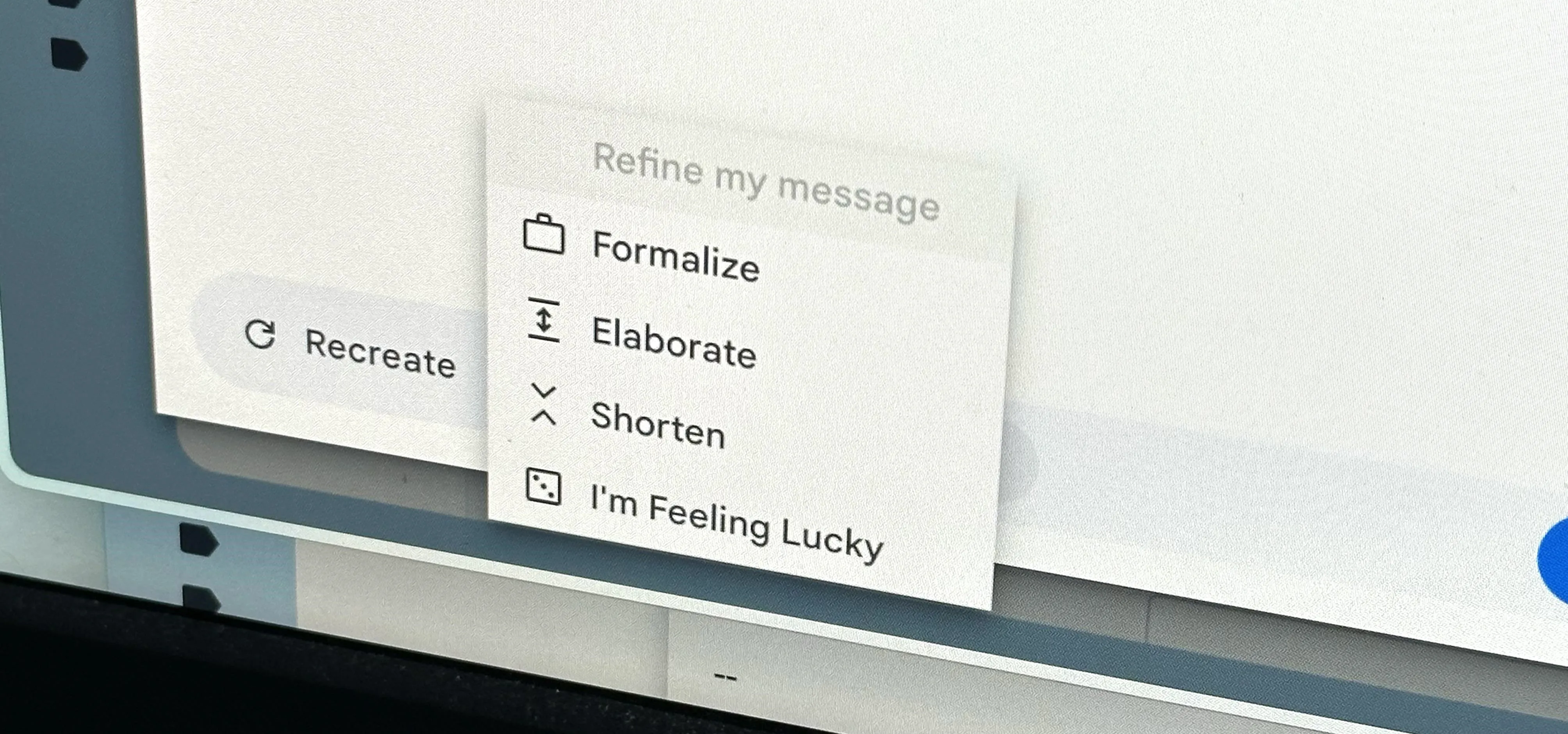 Menu options for refining a message, including "Formalize," "Elaborate," "Shorten," and "I'm Feeling Lucky."