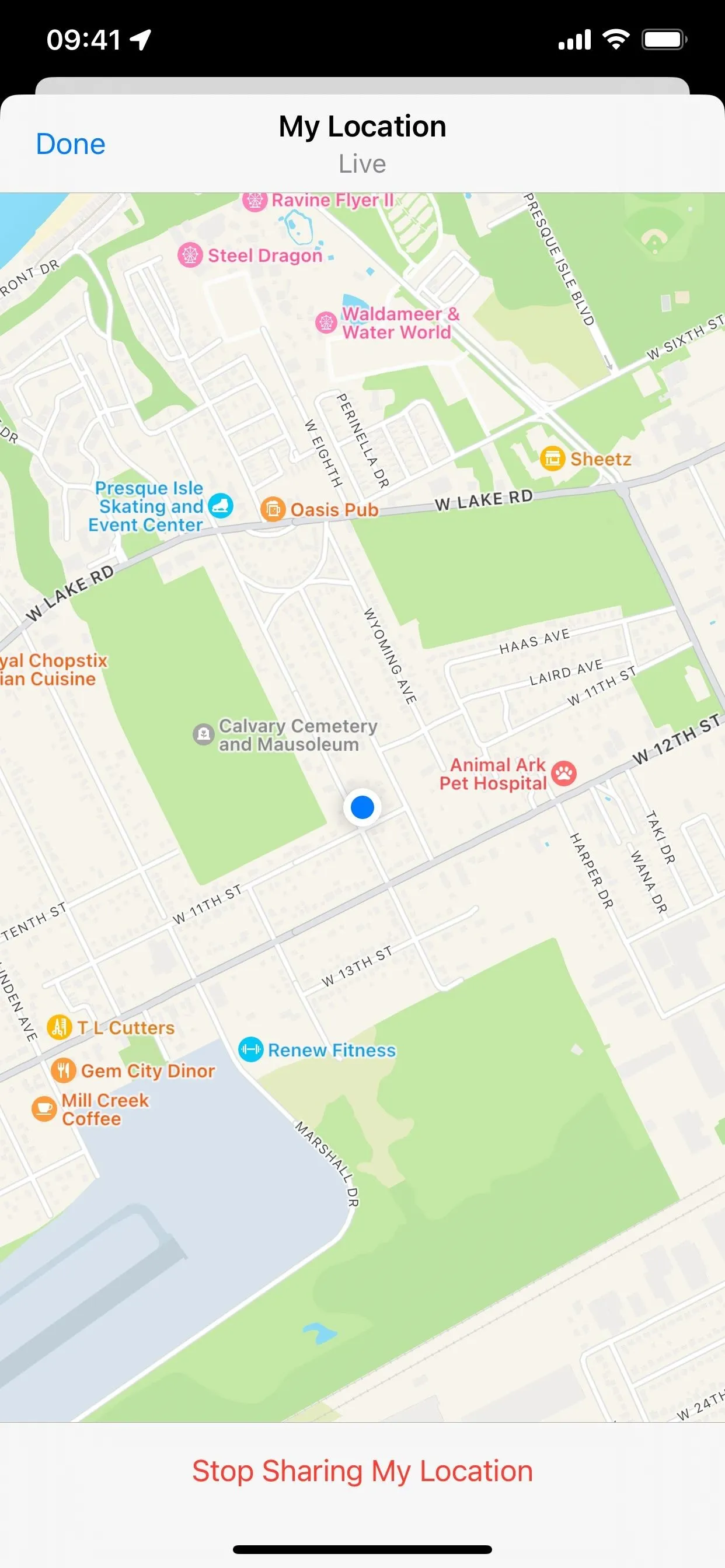 Map showing the user's location with nearby points of interest.