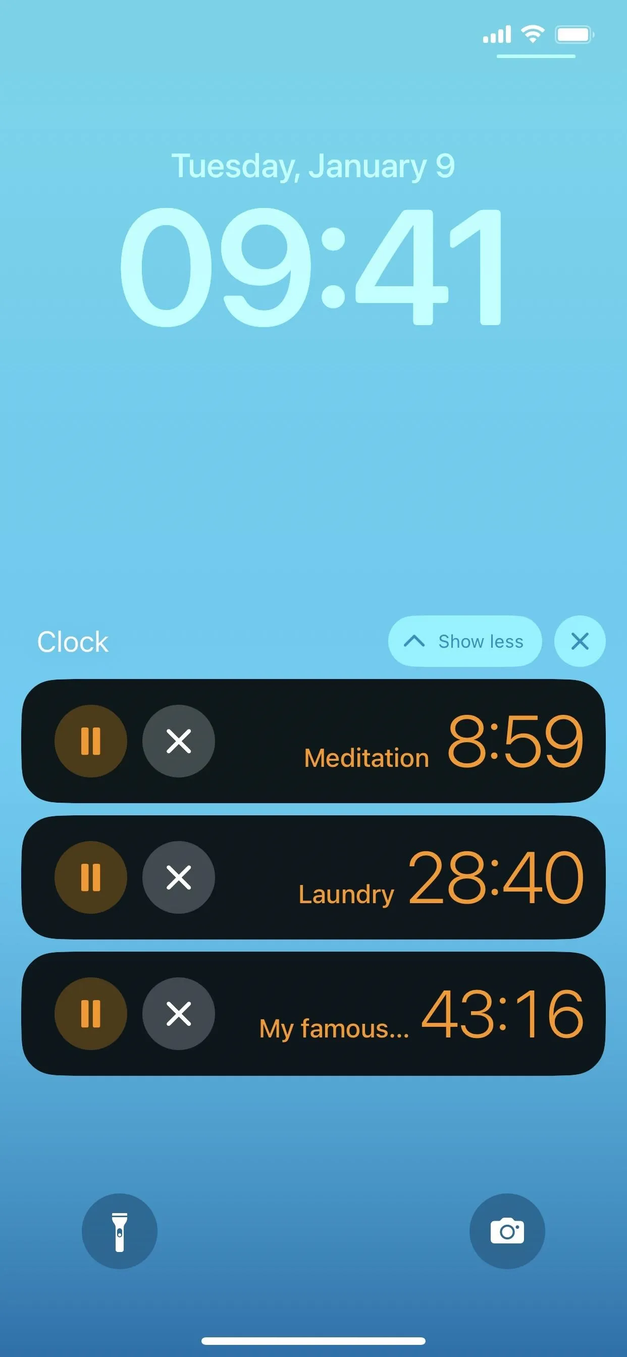 Home screen of a smartphone displaying the time and a list of timers for various tasks.