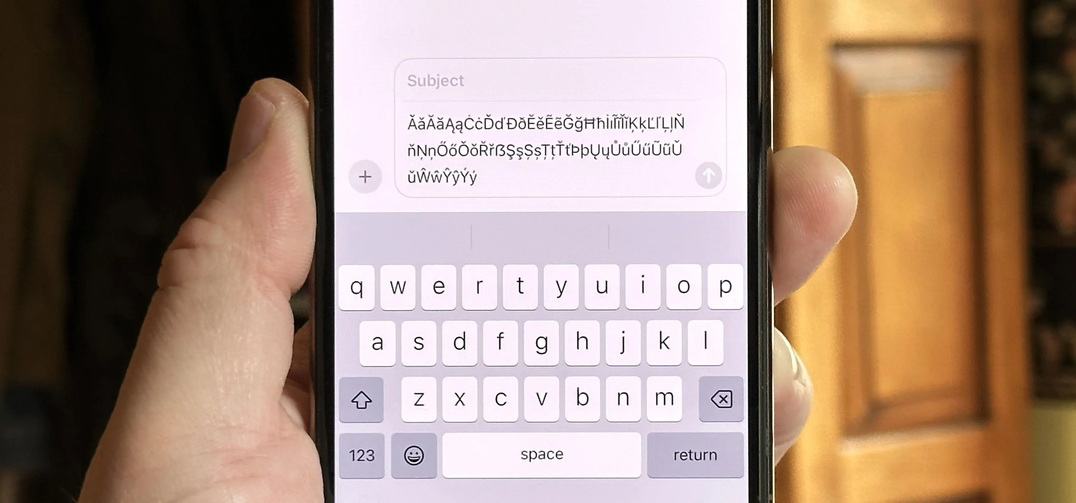 Hand holding a smartphone displaying a text message input screen.