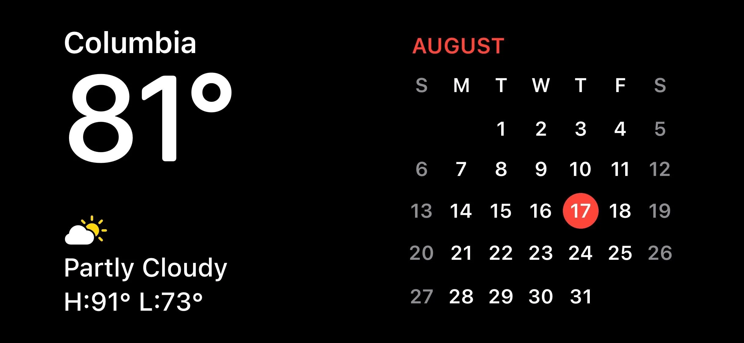 Weather forecast for Columbia showing 81°F and partly cloudy conditions on August 17.