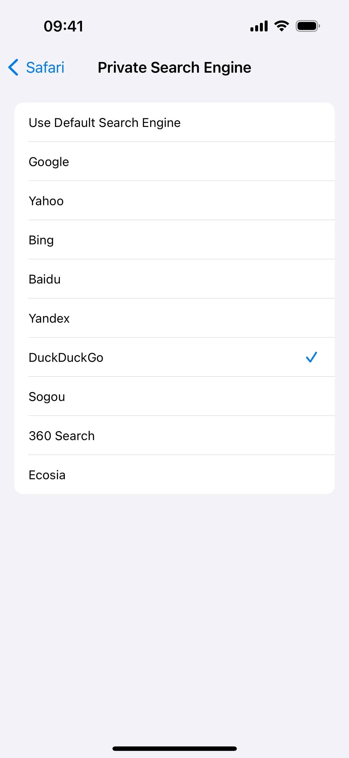 Private search engine options menu on a mobile device.