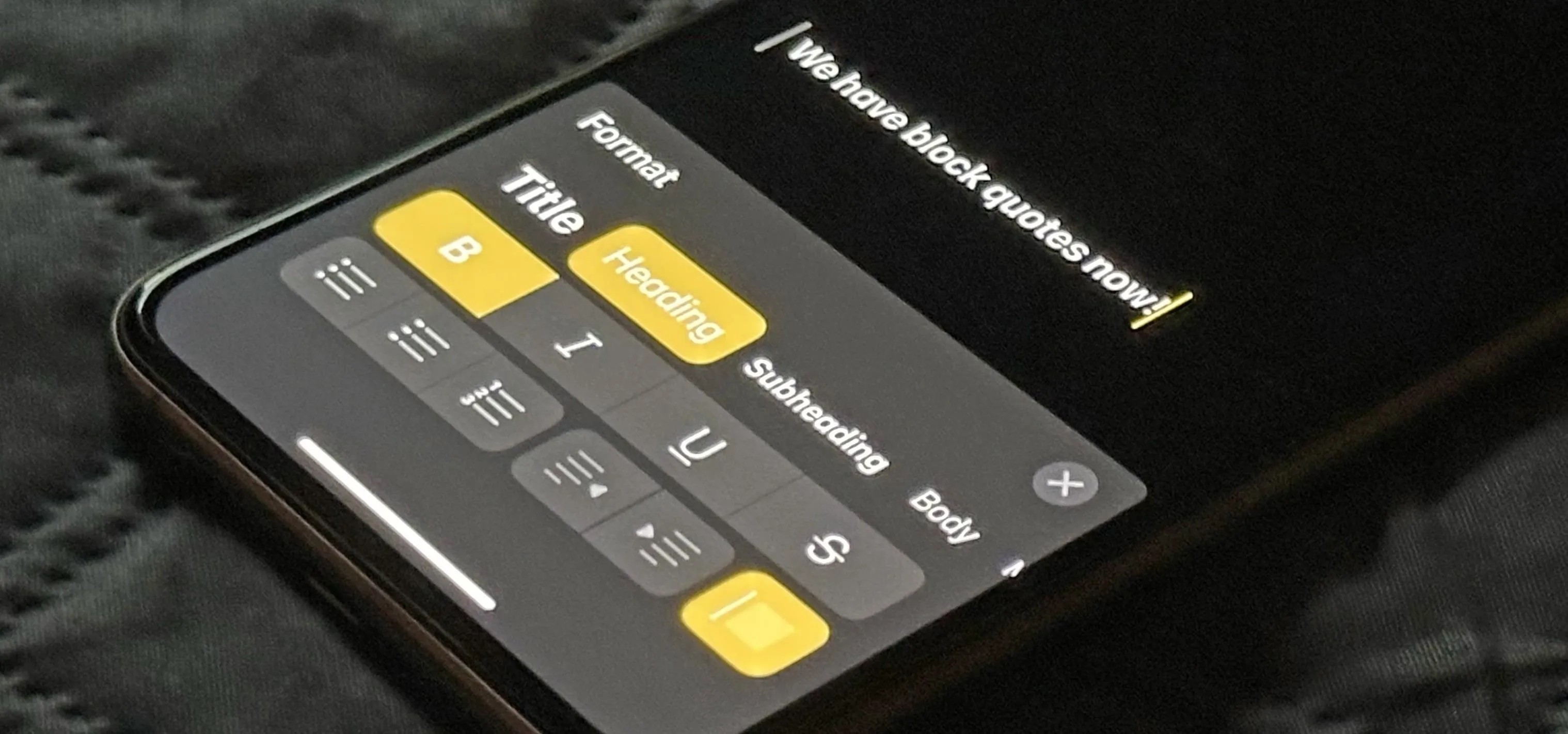 Text formatting options on a smartphone application.