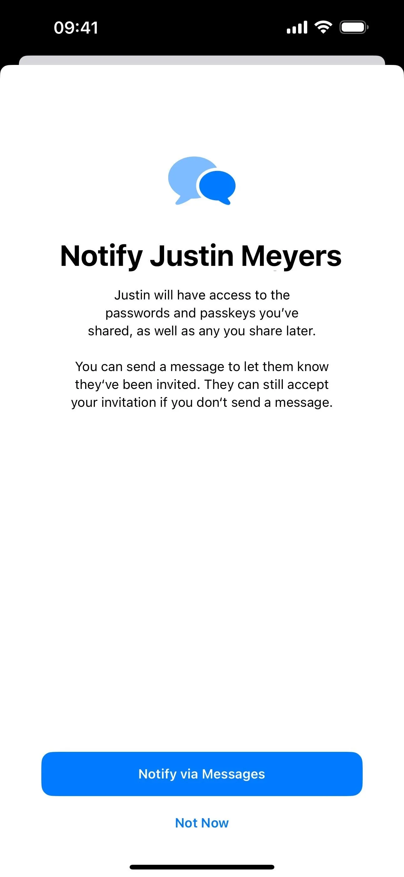 Notification screen for messaging app inviting user to contact Justin Meyers.