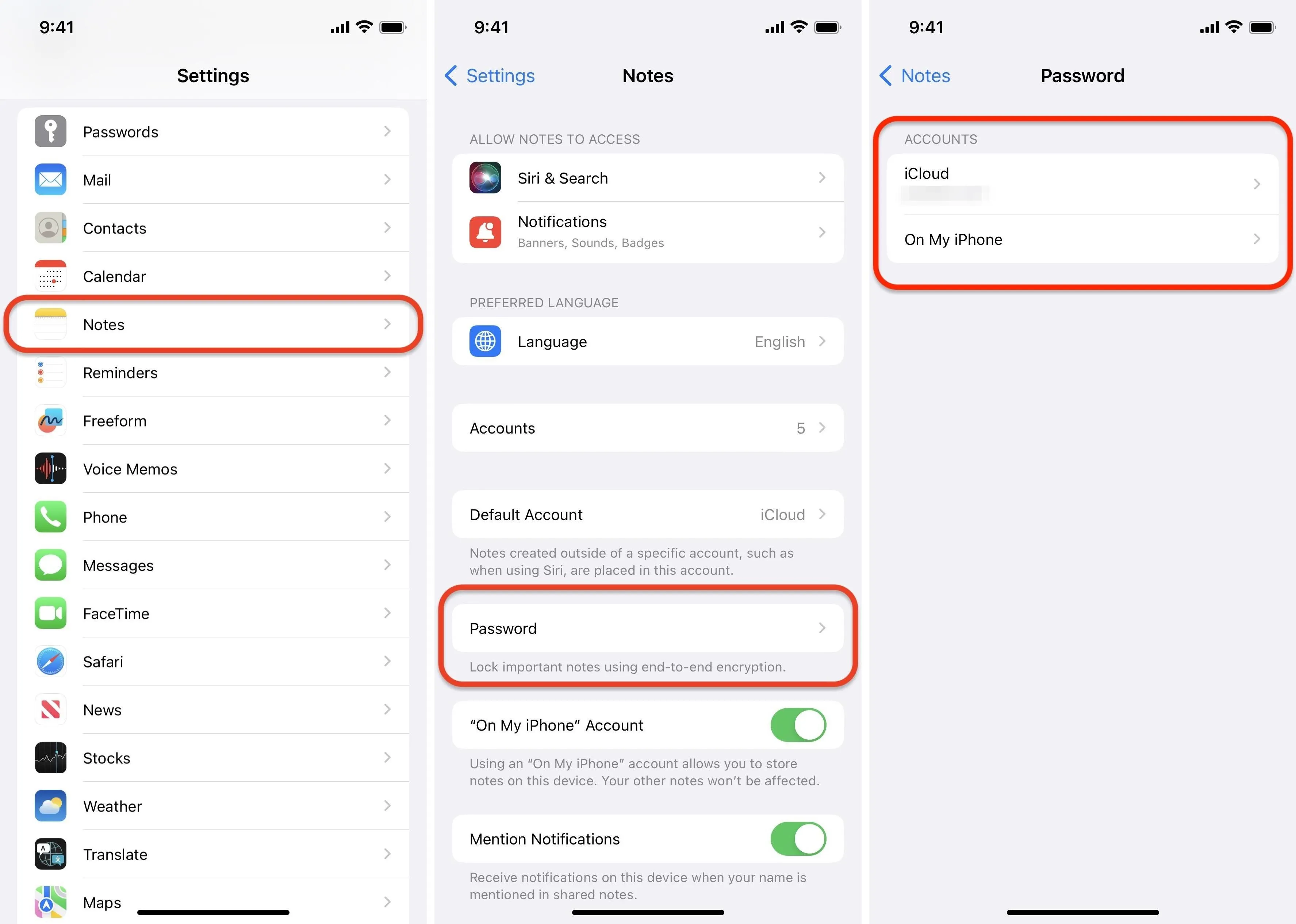Settings menu showing Notes and Password options on a mobile device.