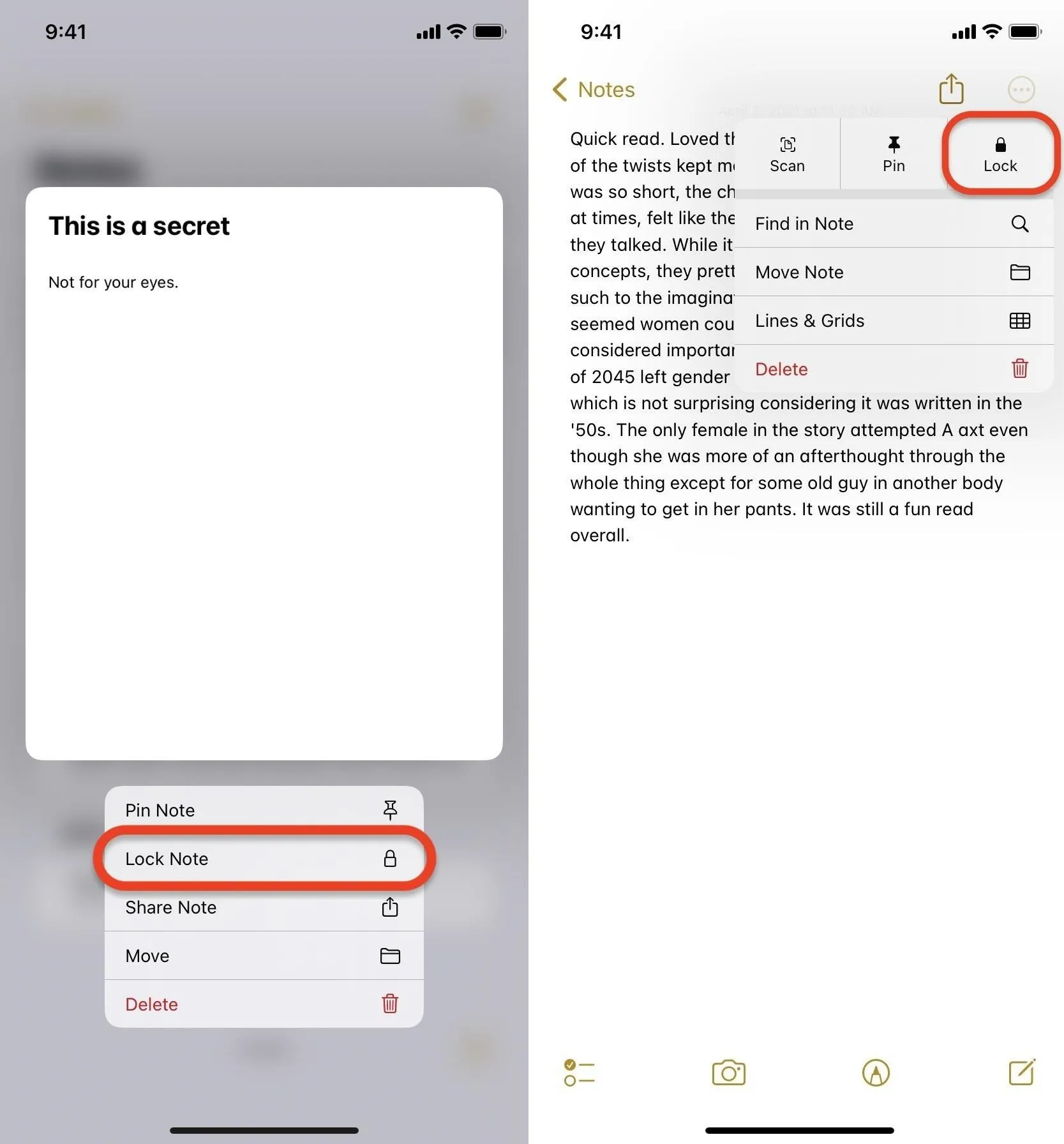 Text editing interface displaying a secret note with options to share or delete.