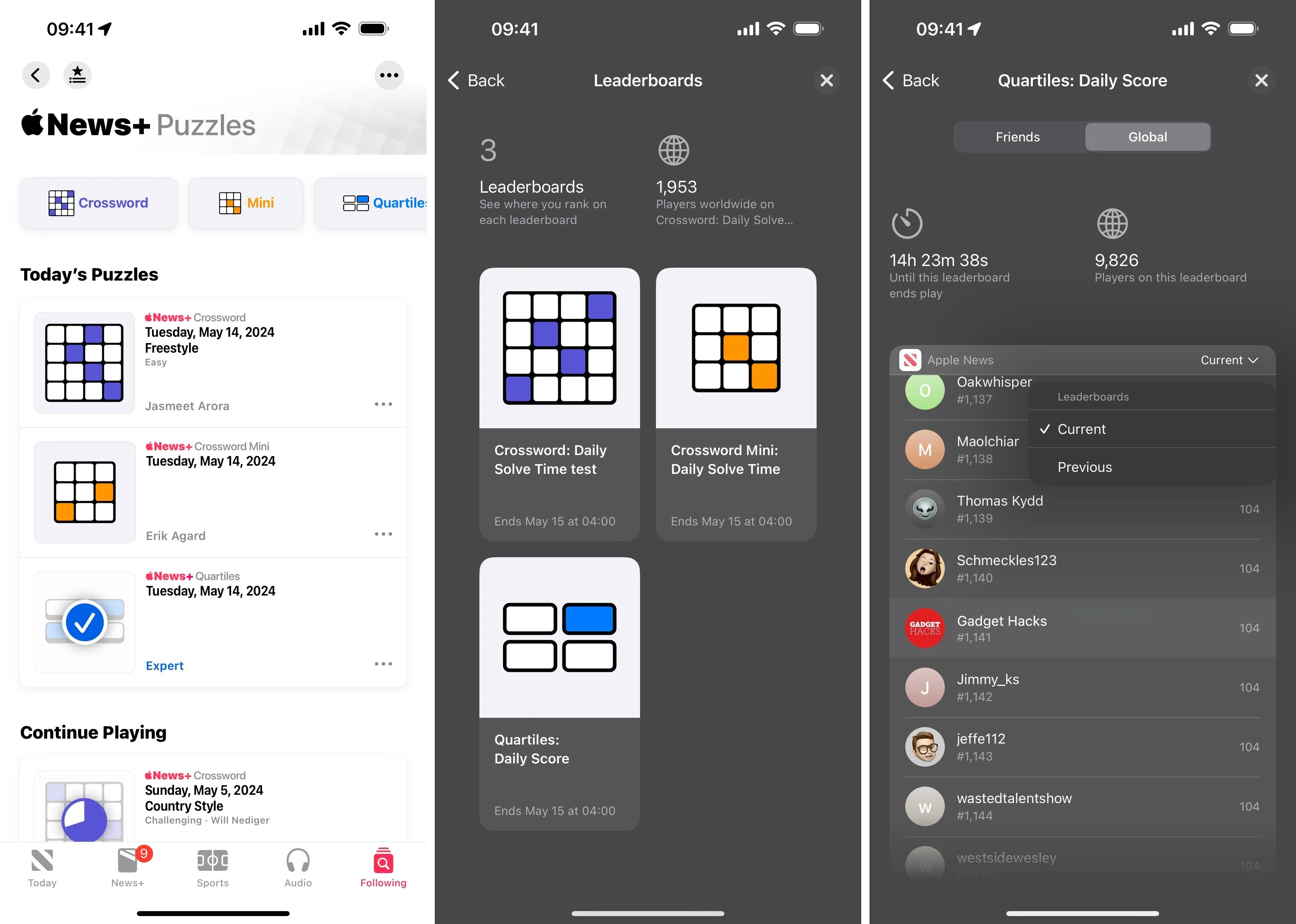 Screenshot of a mobile app interface displaying puzzle options and user leaderboards.