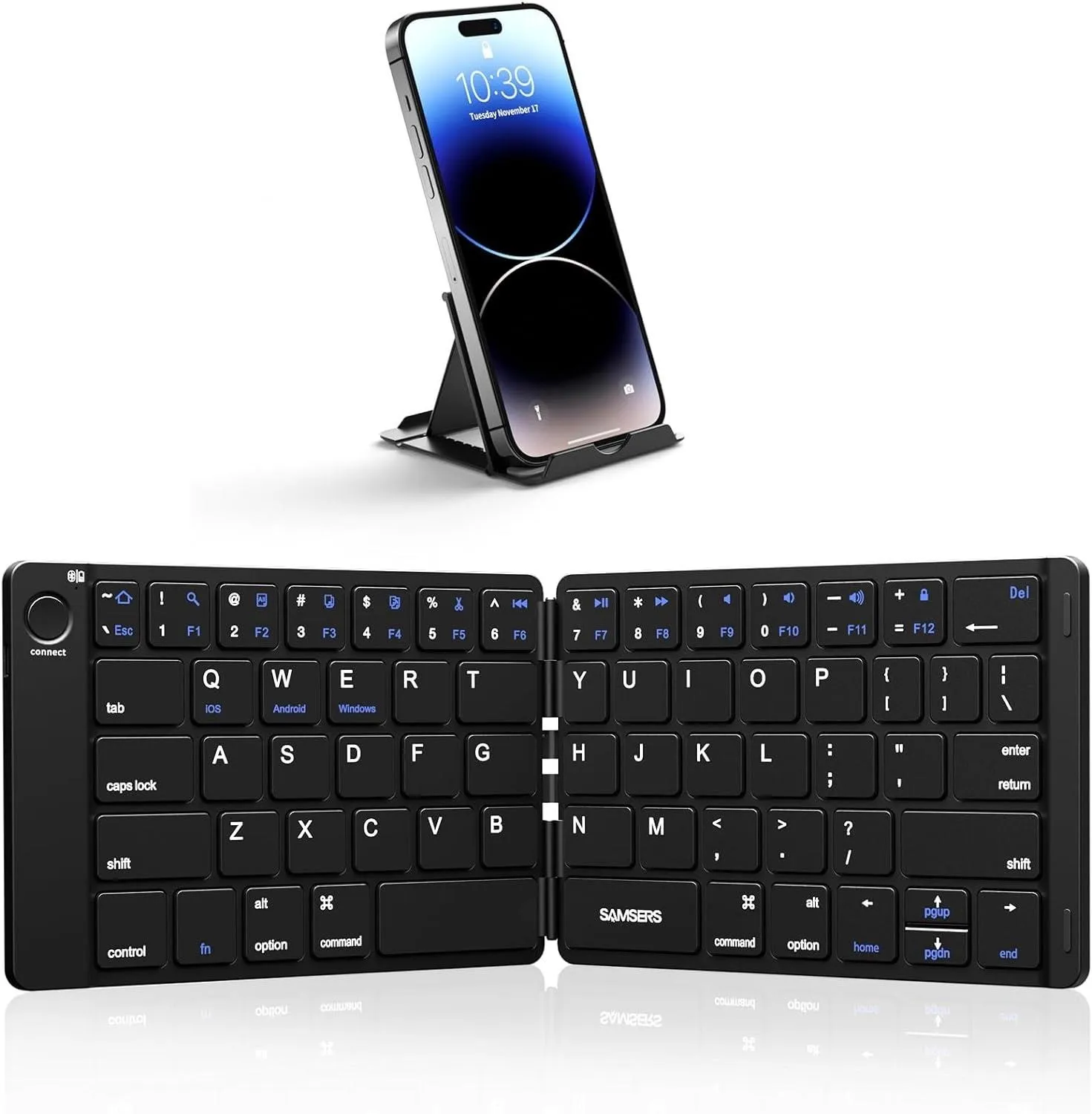Wireless portable keyboard with smartphone stand.