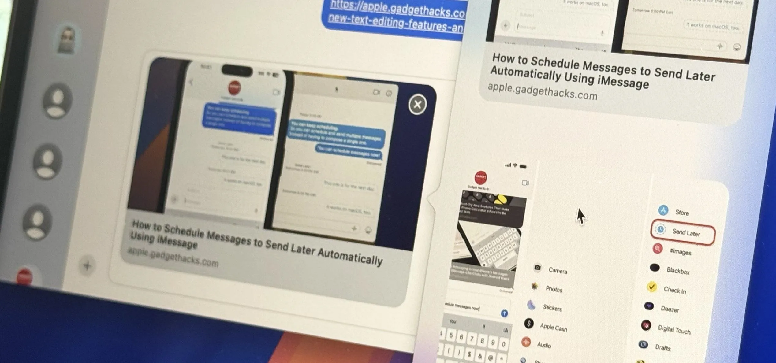 Screenshots of a messaging app demonstrating how to schedule messages.