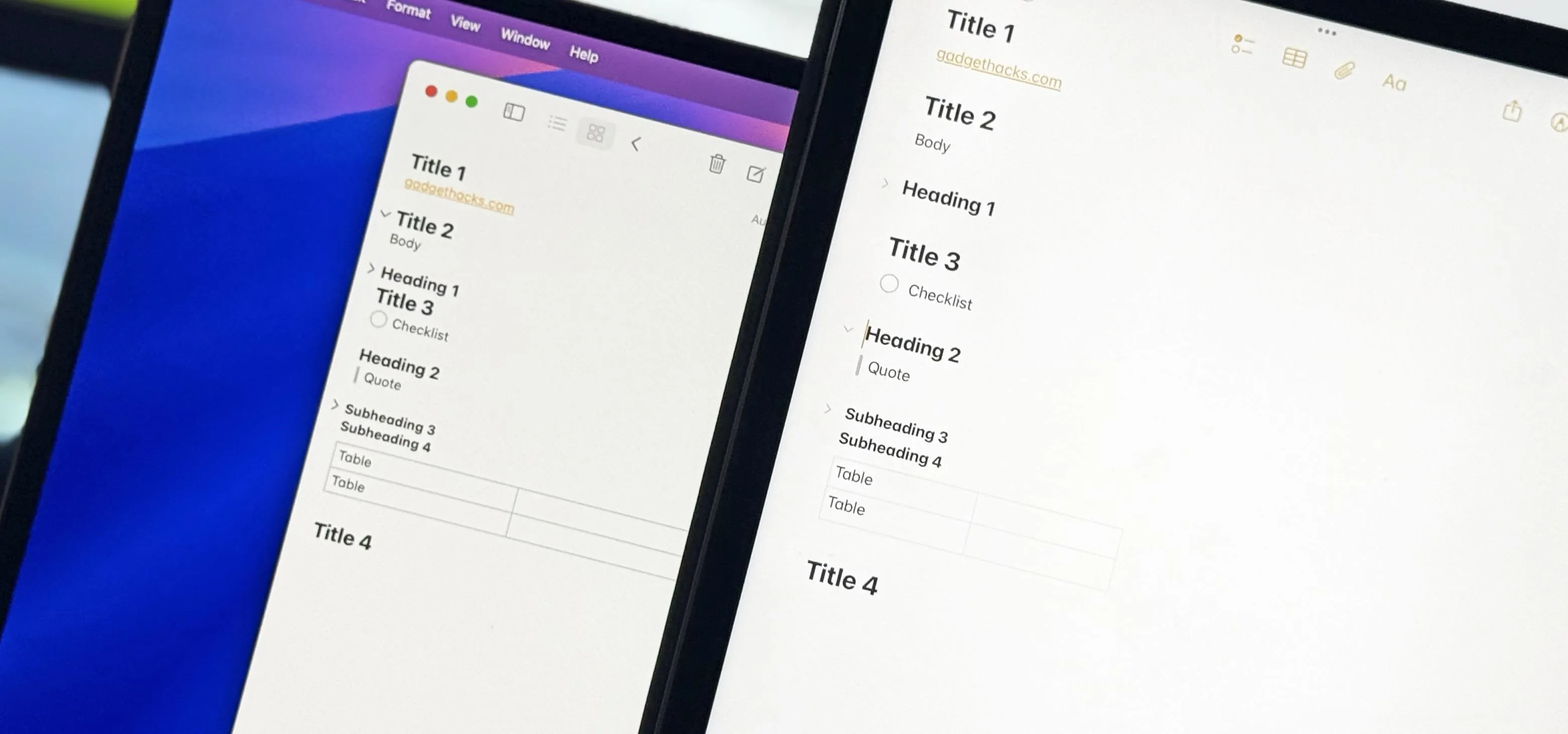 Screens displaying user interface elements with lists and titles.