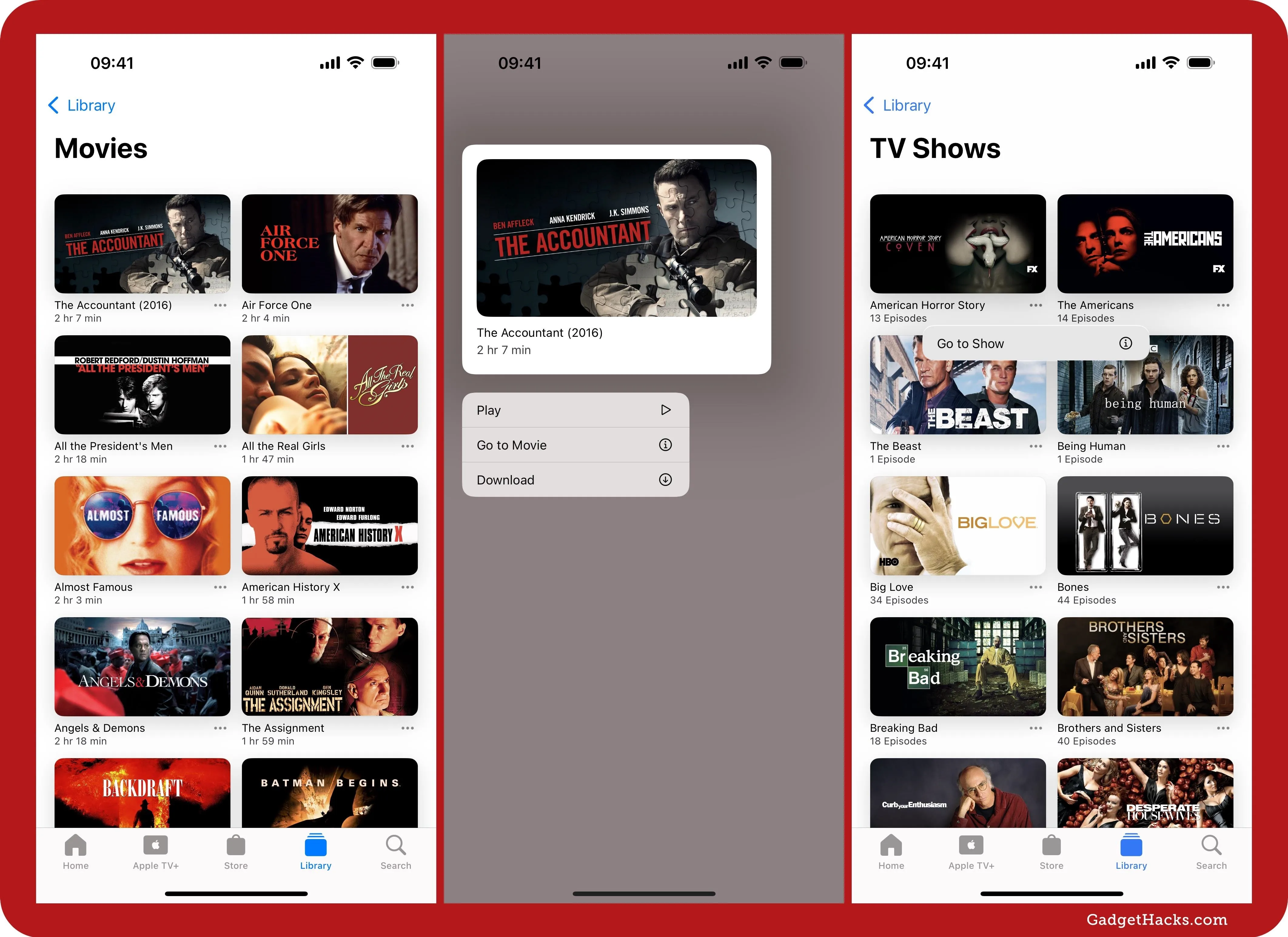 Screenshots of a streaming service interface displaying movies and TV shows categories.