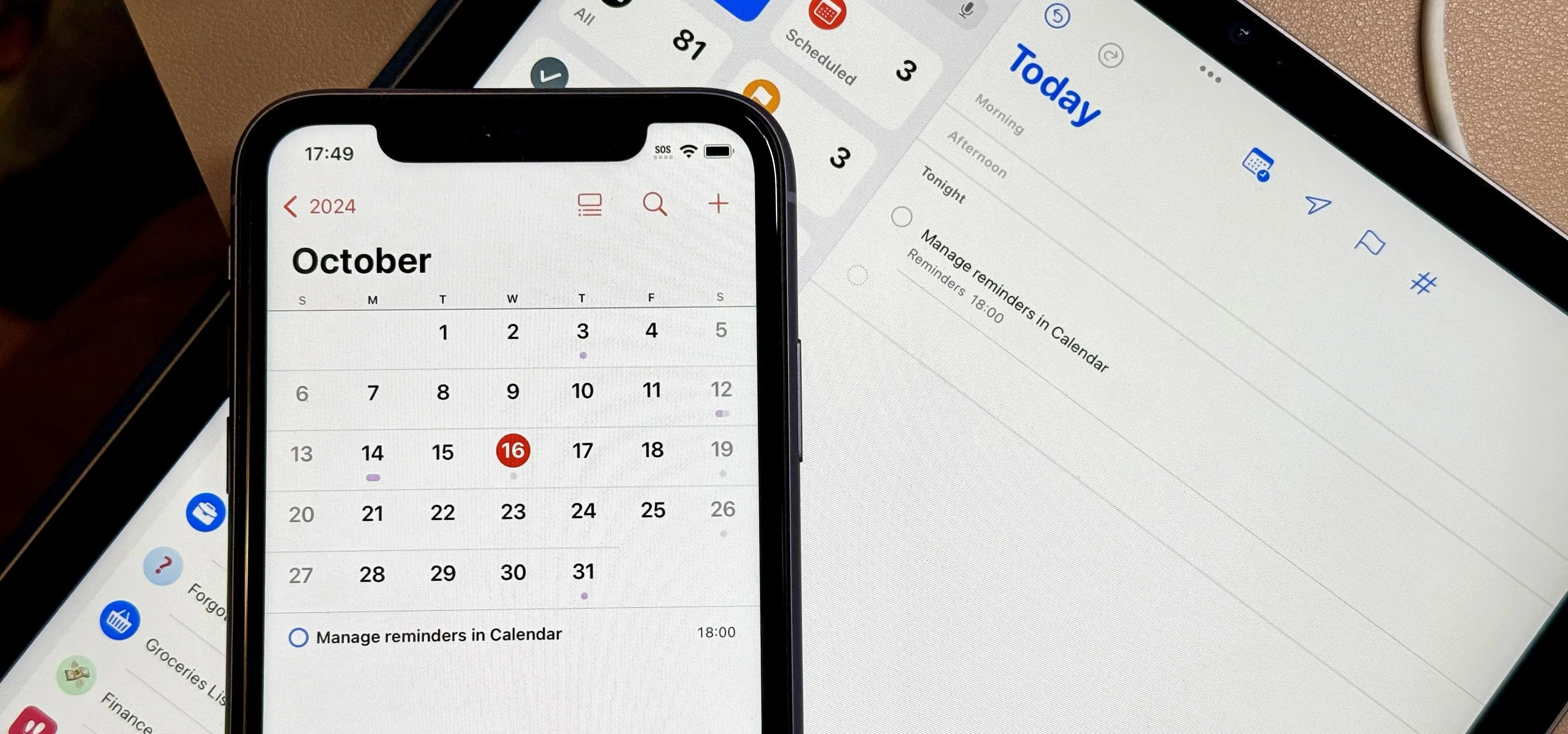 Calendar app displayed on a smartphone with a tablet showing a schedule.
