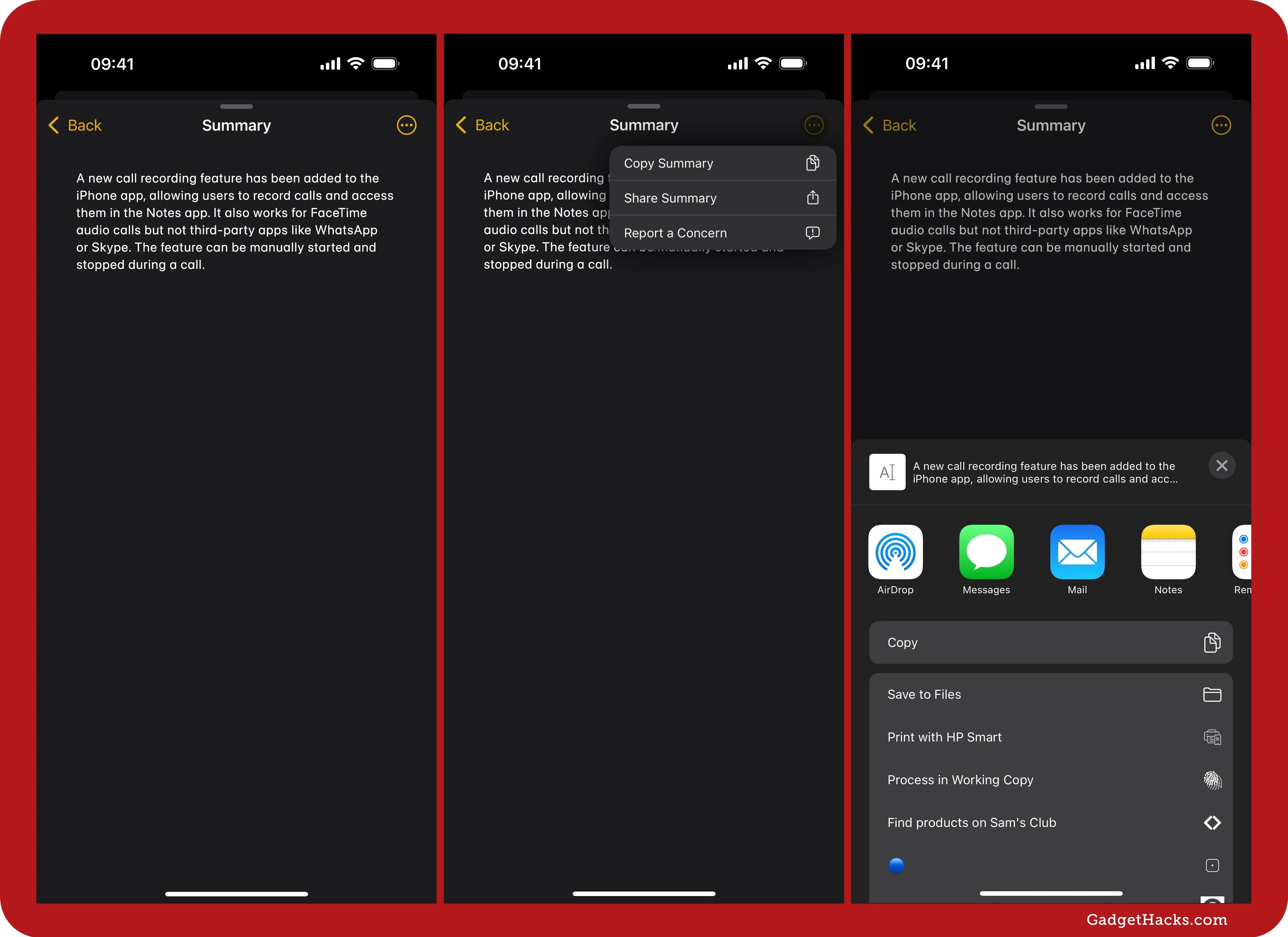 Screenshots of a mobile device displaying summaries and sharing options in a dark mode interface.