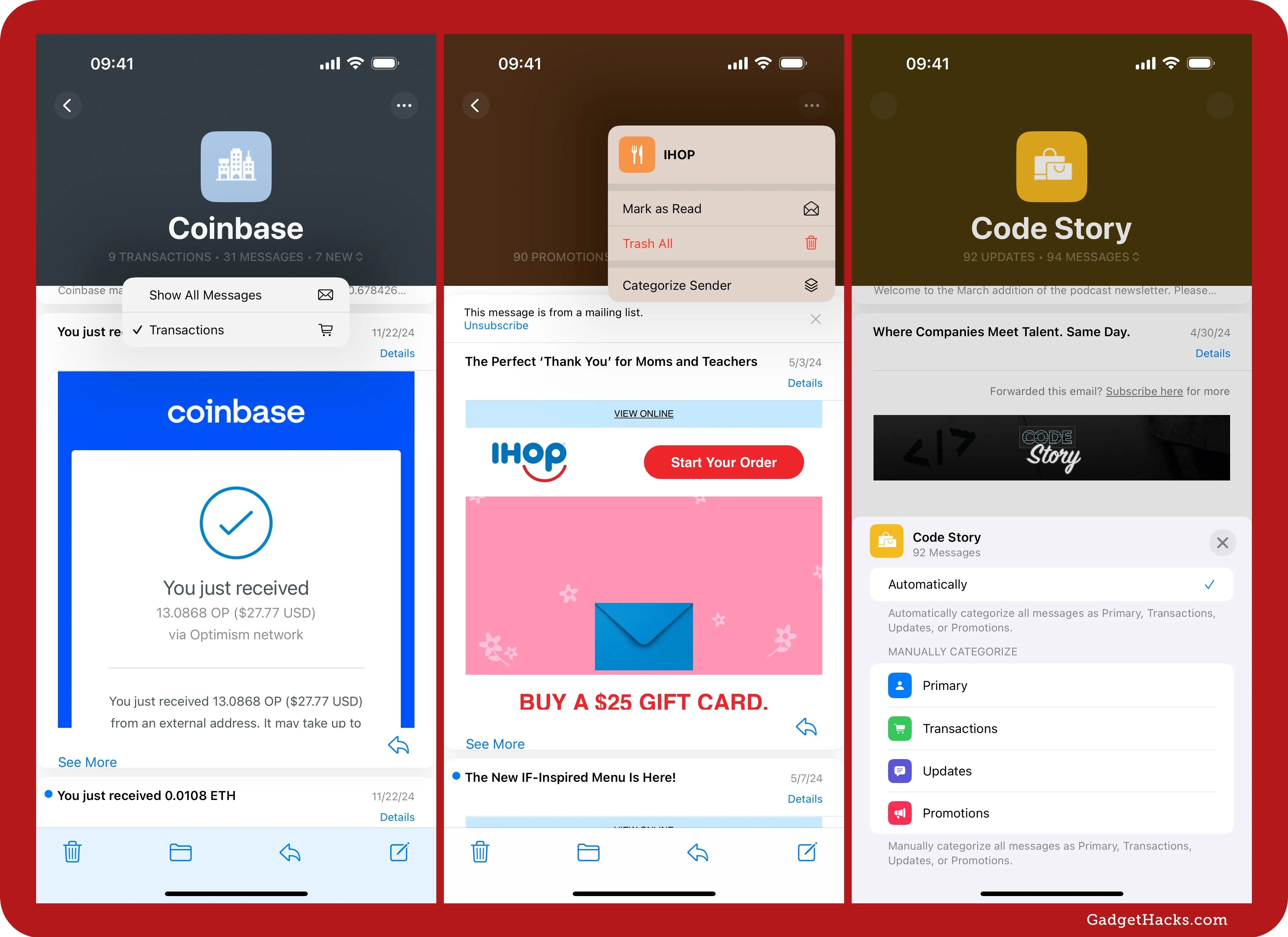 Images of mobile app screens displaying Coinbase and Code Story interfaces.