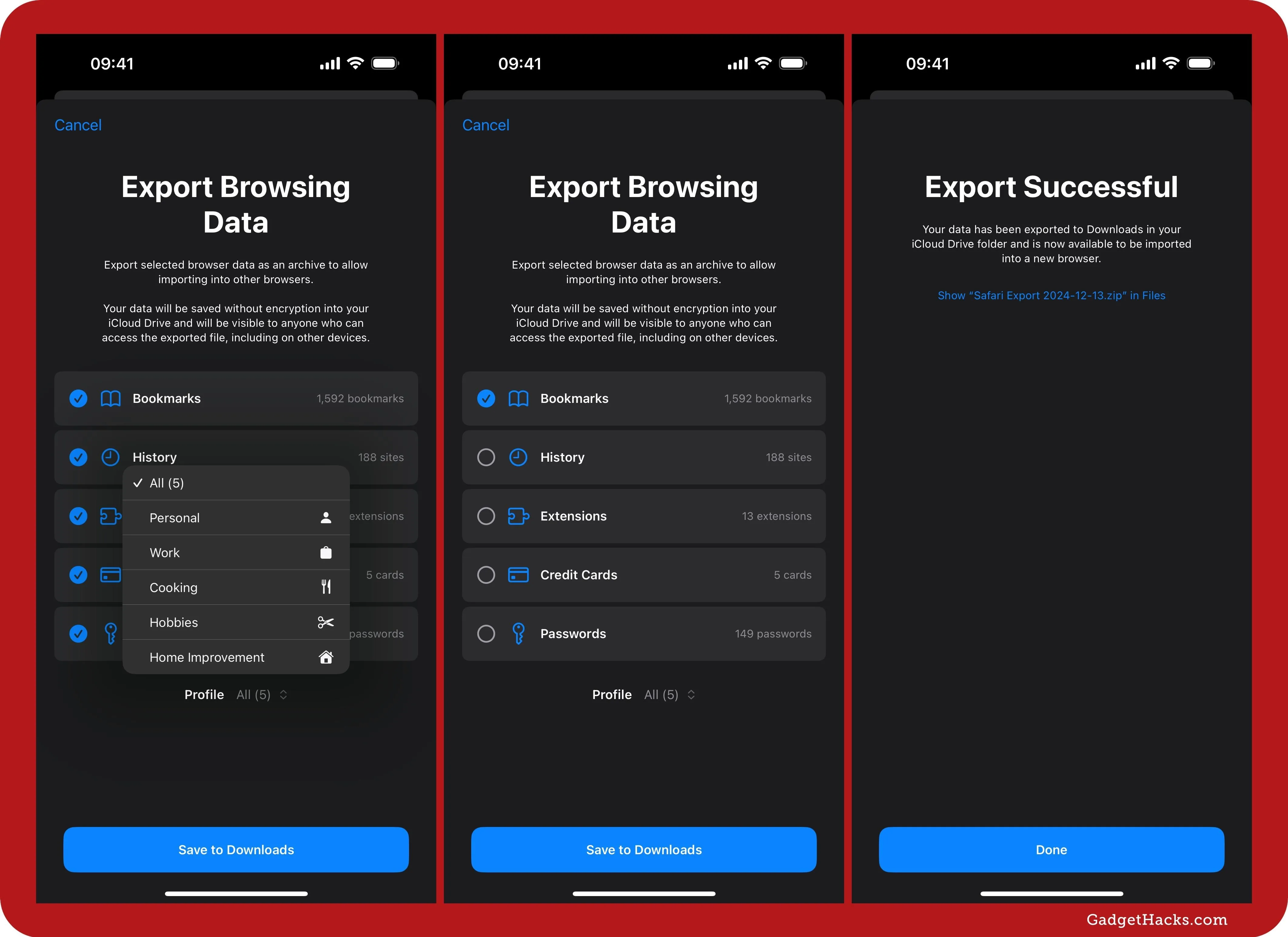 Exporting browsing data on a mobile device.