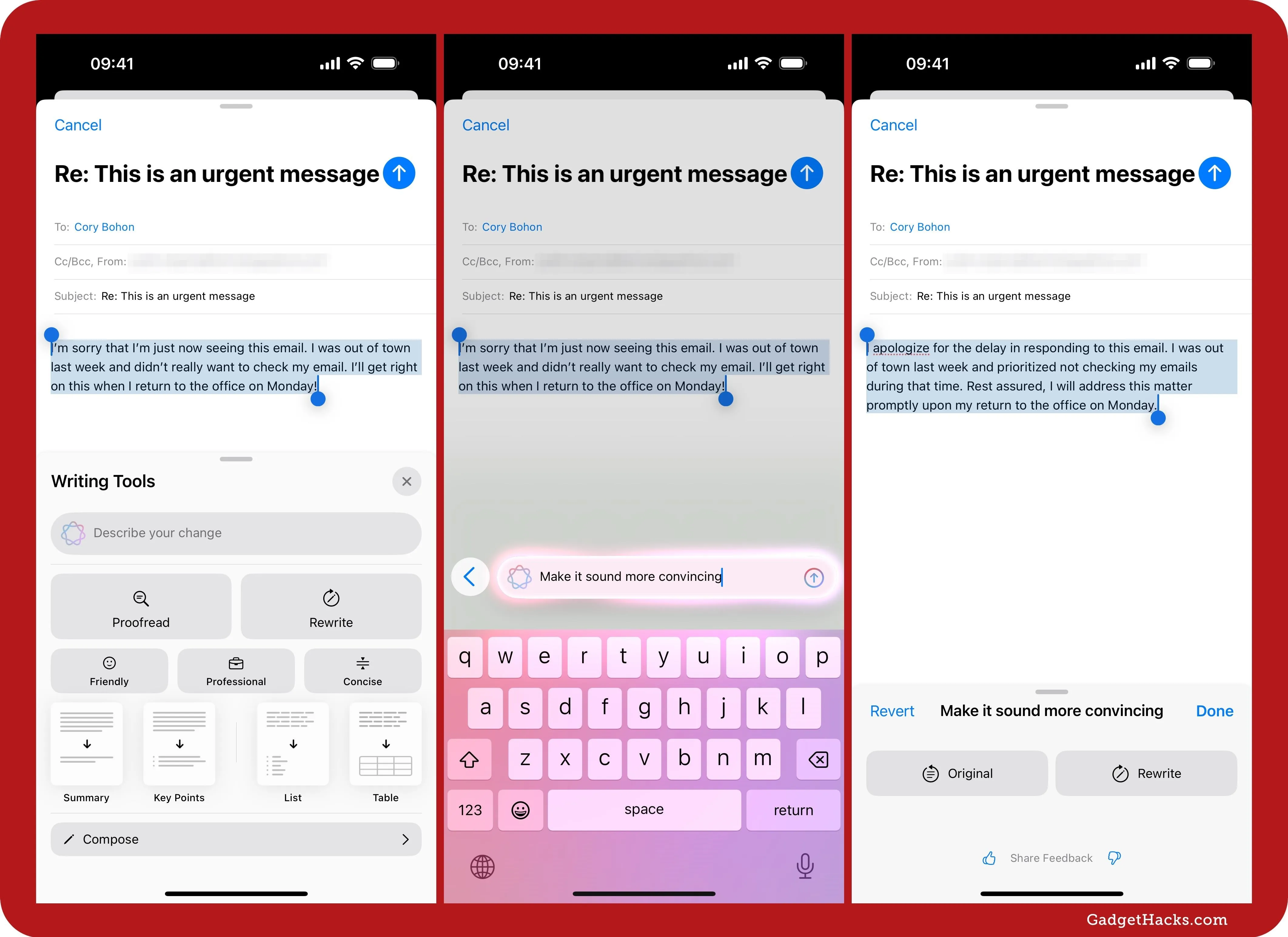 Screenshots of a messaging app displaying an urgent message and typing interface.