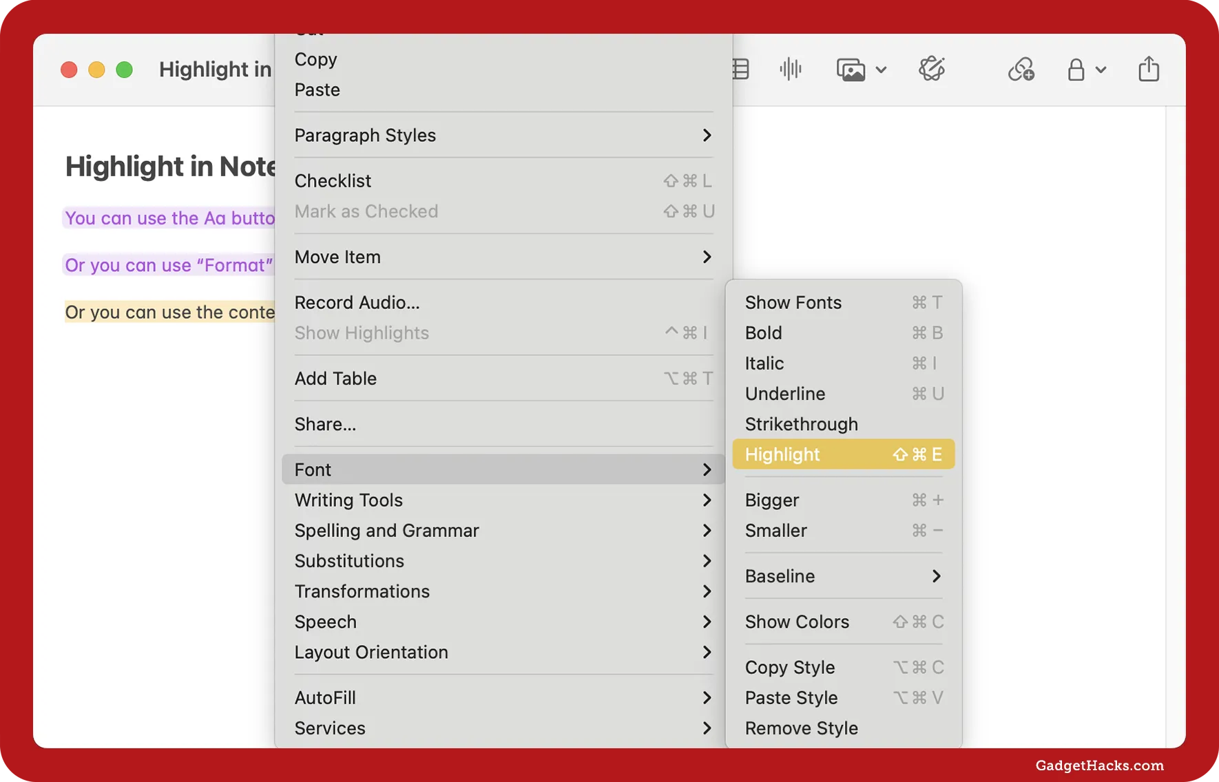 Context menu in Apple Notes on macOS showing Font » Highlight option to apply text highlighting, with examples of purple and yellow highlights in the note.