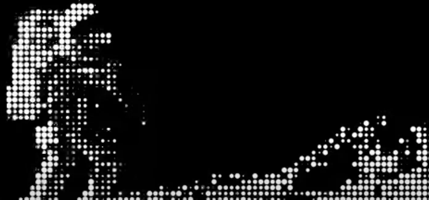 A stylized halftone black-and-white image of an astronaut standing on the left, gazing at a sloping, cratered landscape on the right. The image is made of white dots on a black background, creating a retro, high-contrast effect.