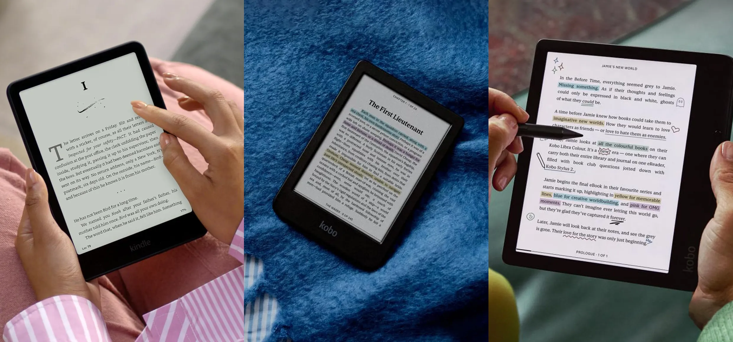 Side-by-side comparison of three e-readers: Kindle Paperwhite, Kobo Clara Colour, and Kobo Libra Colour, each displaying different e-books with varied interface features and color support.