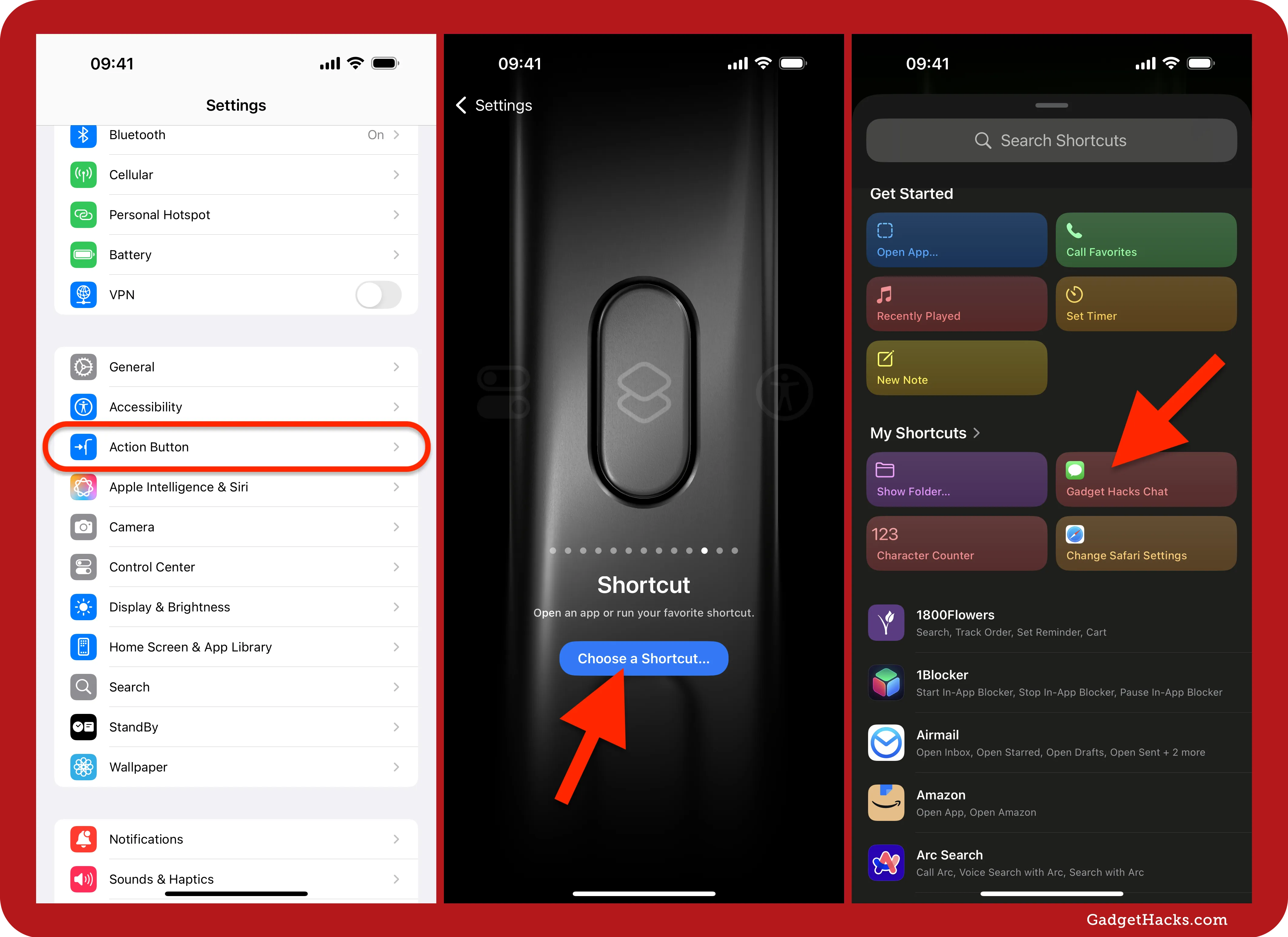iOS Settings showing how to assign a Shortcut to the Action Button, with 'Gadget Hacks Chat' selected as the custom shortcut.
