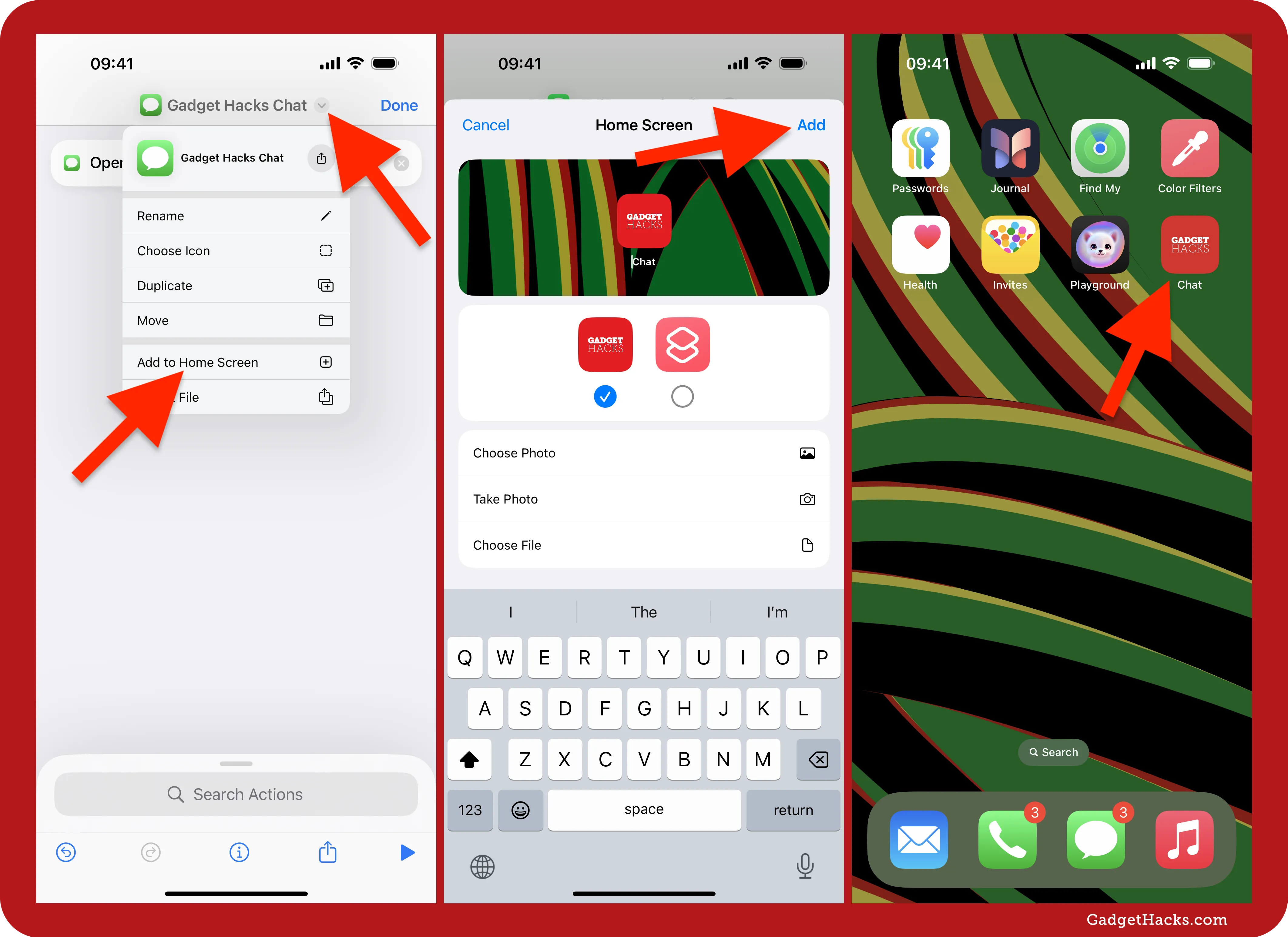 Steps for adding the 'Gadget Hacks Chat' shortcut to the iOS Home Screen, from shortcut options to final placement among app icons.