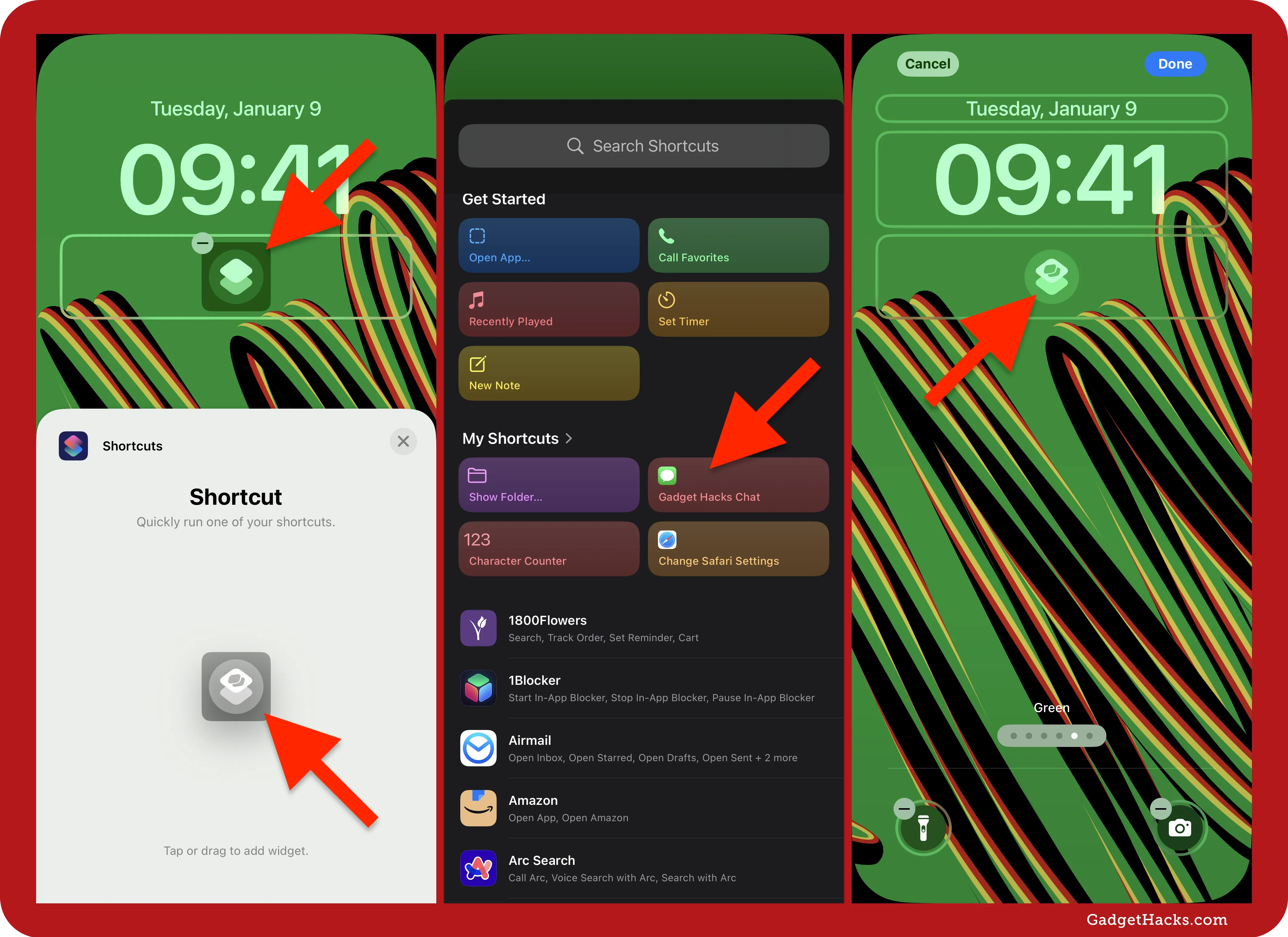 iOS Lock Screen customization showing how to add a Shortcut widget and assign it to the 'Gadget Hacks Chat' shortcut for quick access.