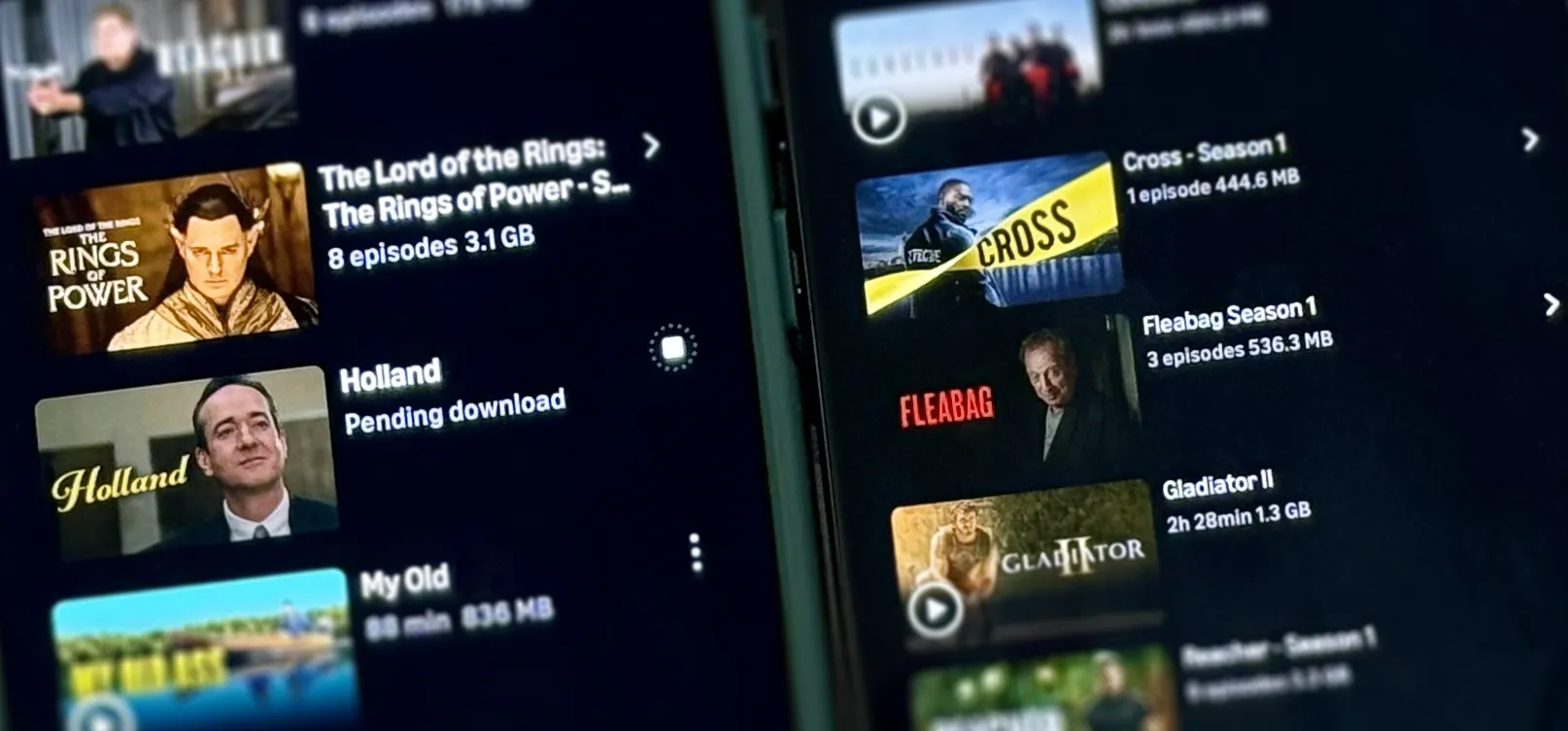 Two smartphones display Amazon Prime Video downloads screens listing Rings of Power, Cross, Fleabag, and other titles on dark interface.