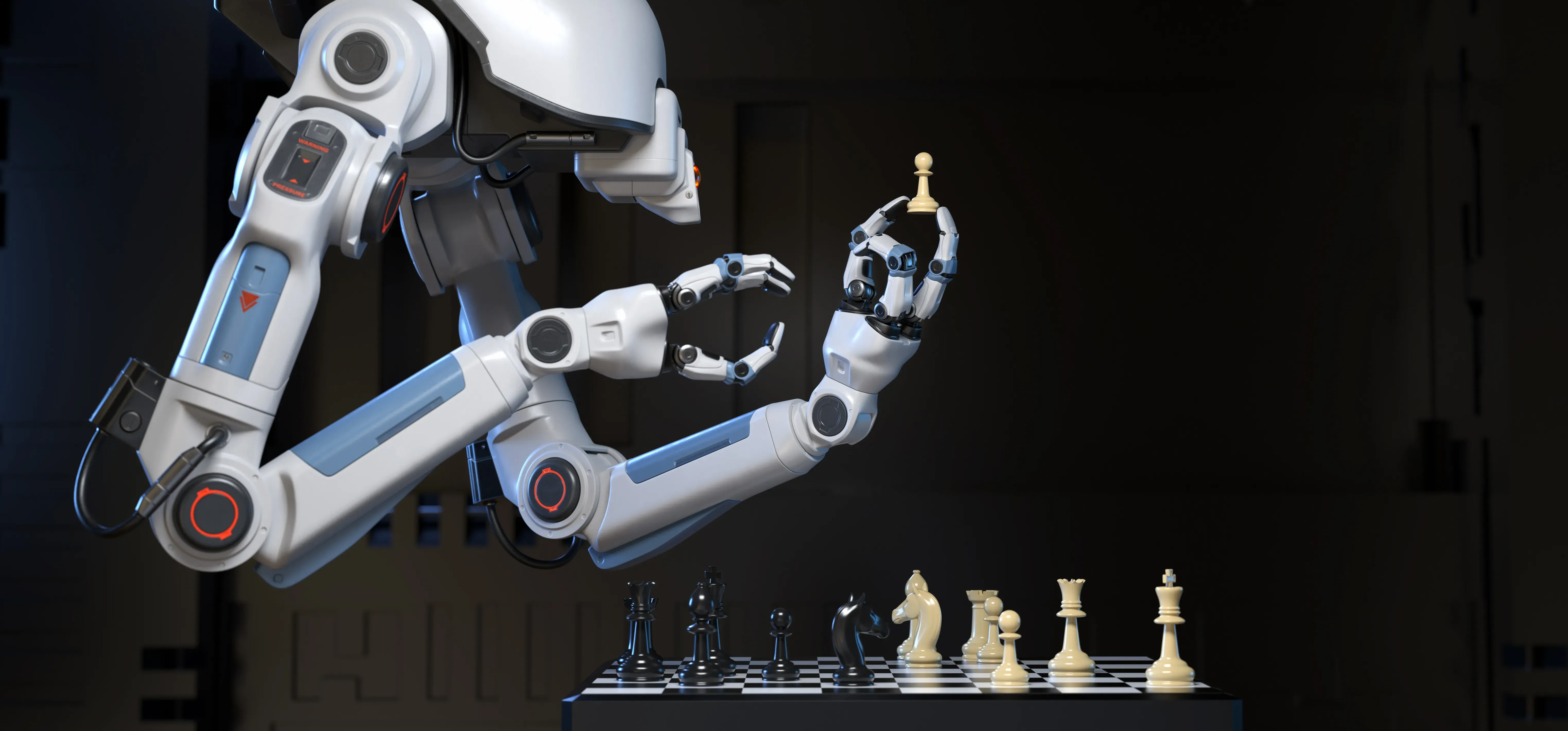 A robot, suspended from the ceiling, is playing a game of chess, with a white pawn in one of its hands.