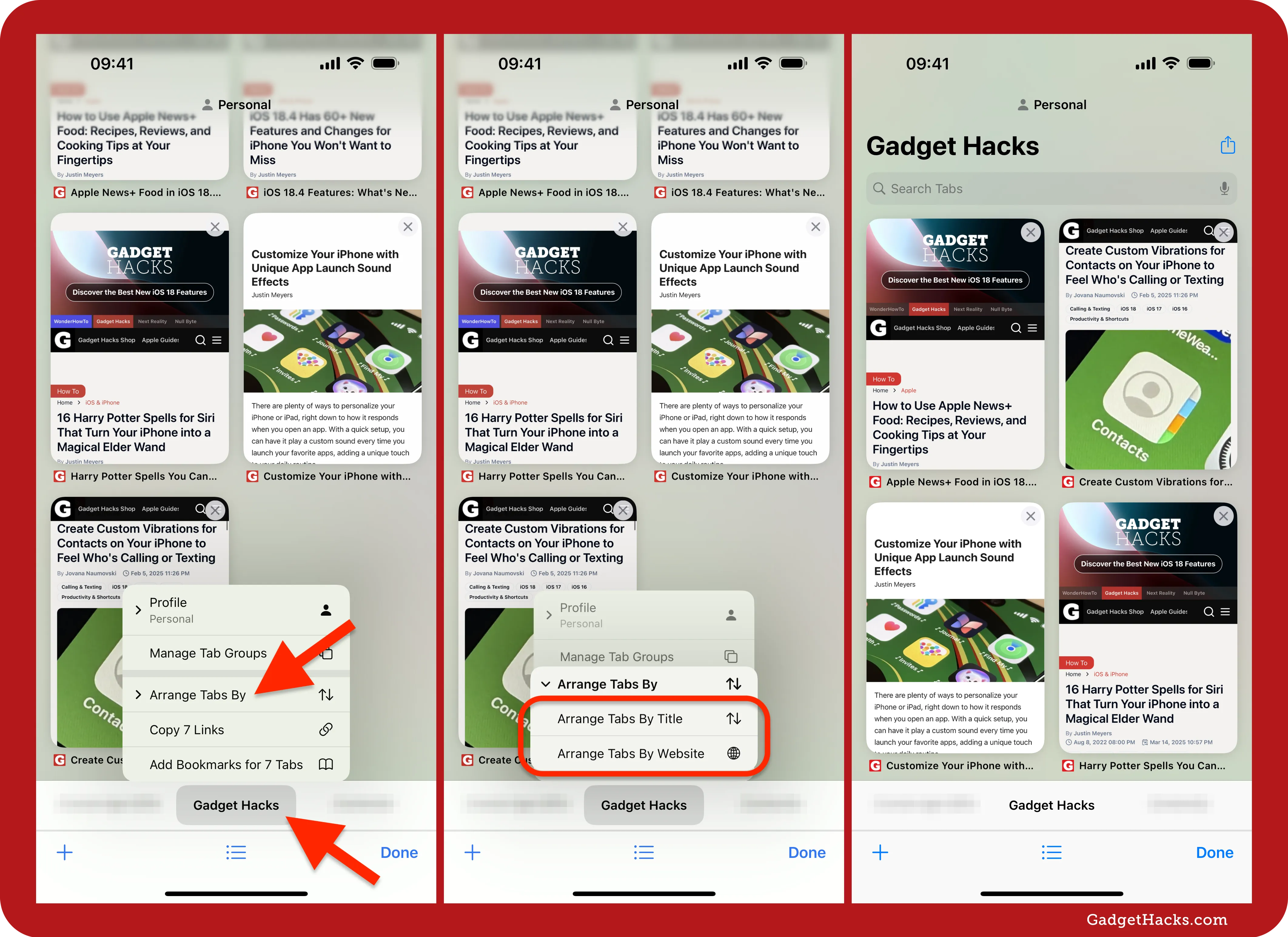 Safari tab view on iPhone showing how to sort tabs by title or website using the “Arrange Tabs By” menu.