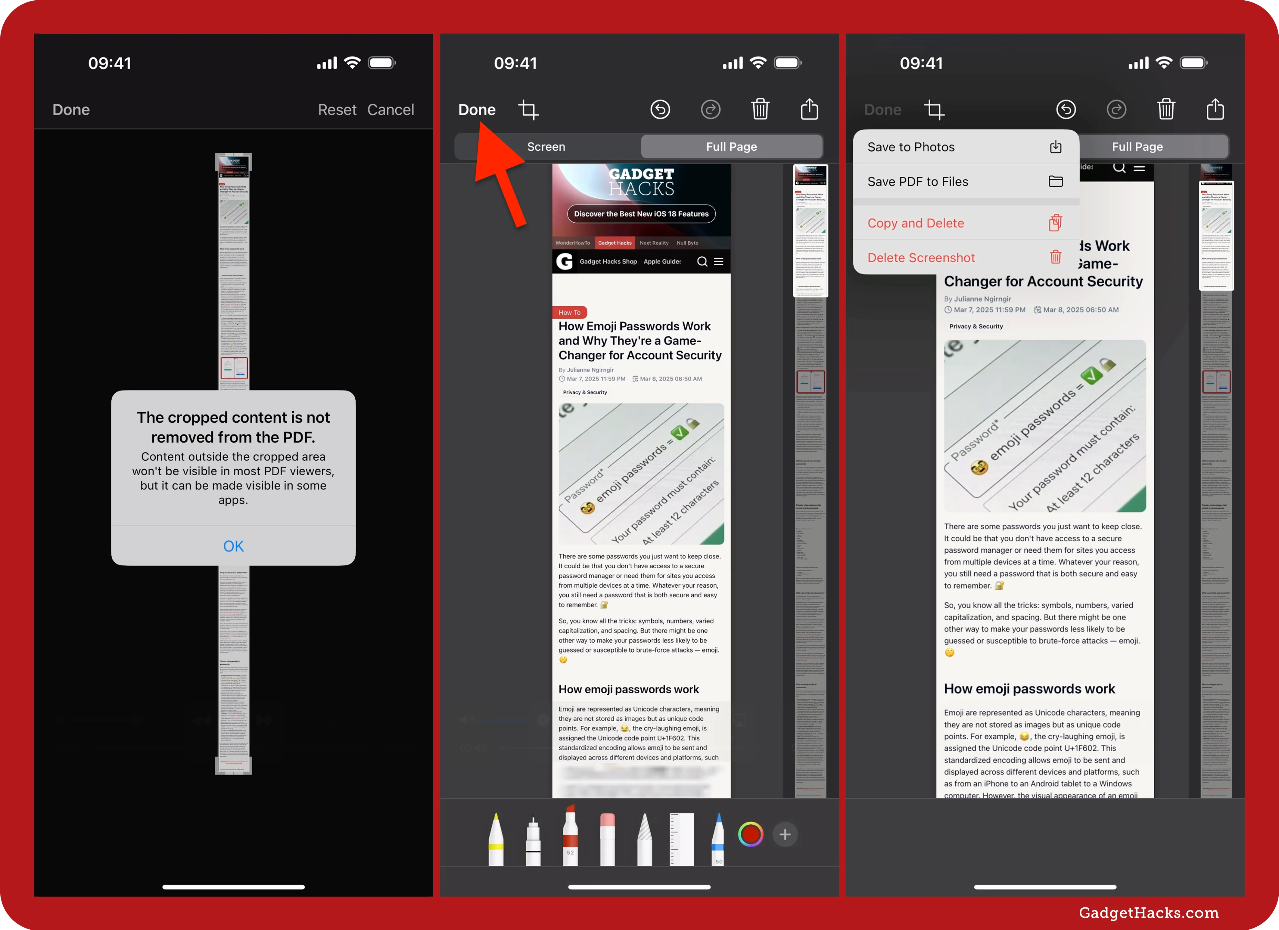Three iPhone screenshots showing how to crop, save, and export a full-page Safari screenshot as a PDF.